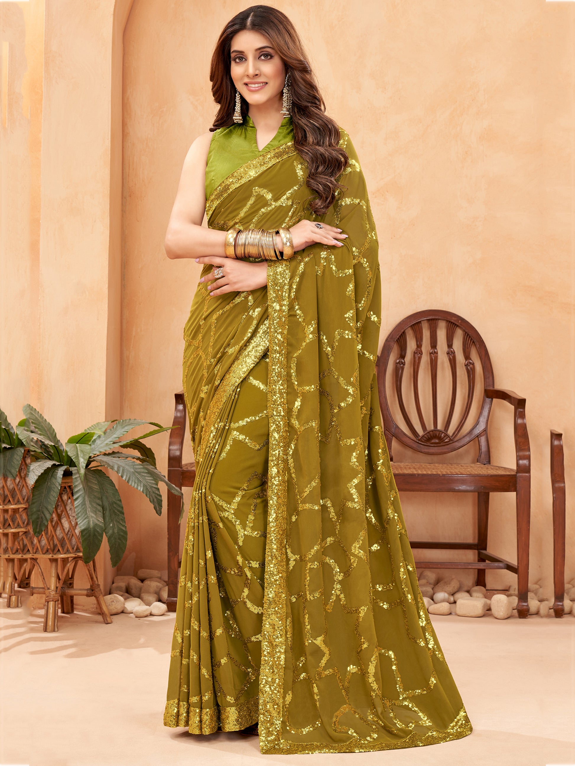 Marvelous Olive Green Sequins Georgette Mehendi Wear Saree