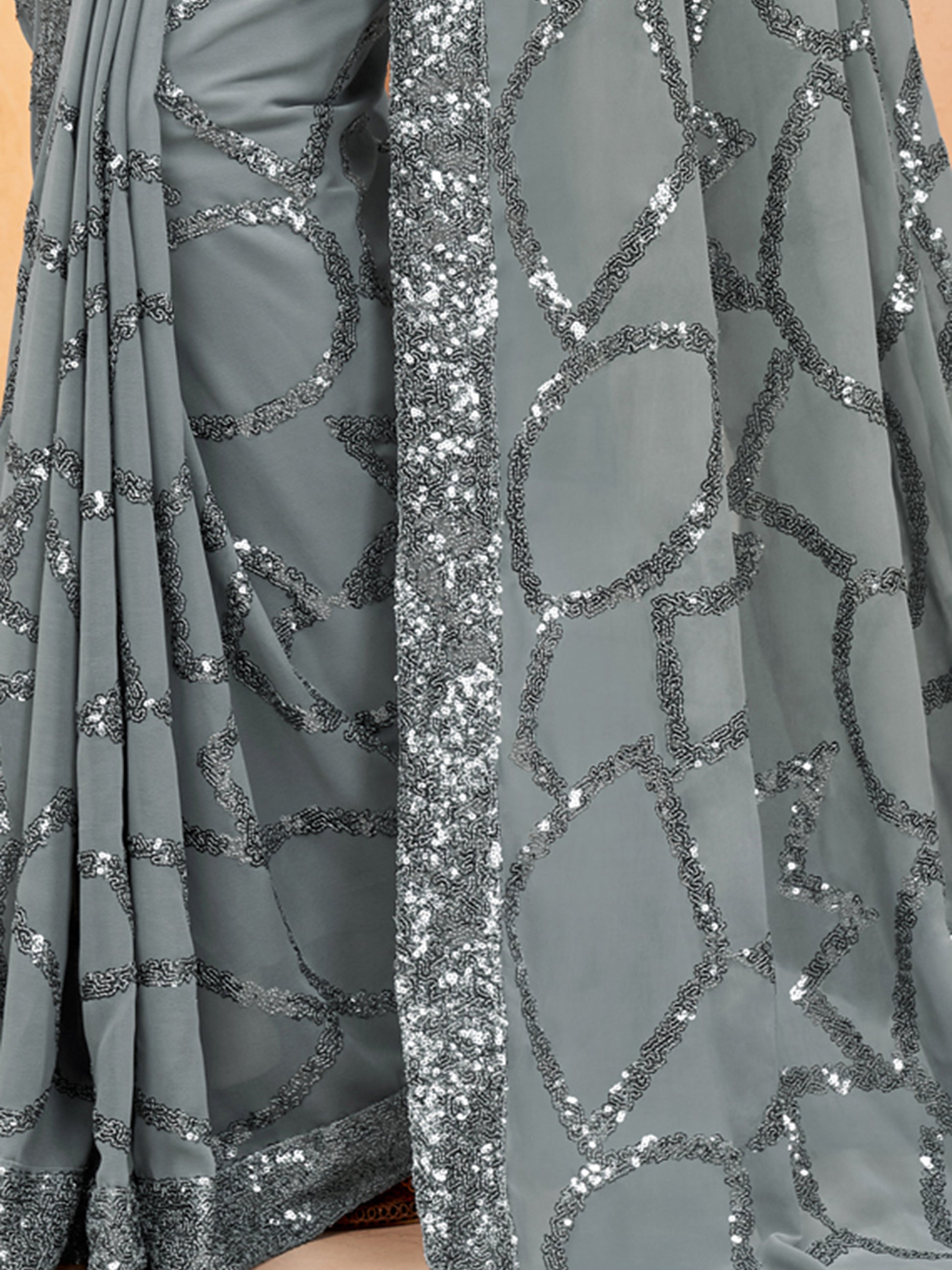 Incredible Grey Sequins Georgette Party Wear Saree With Blouse
