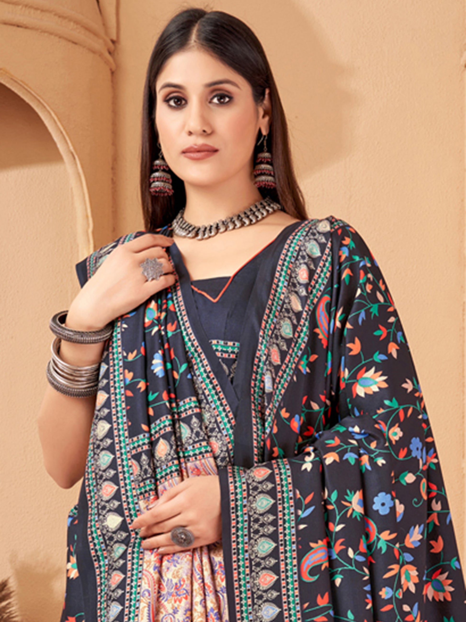 Charming Black Digital Printed Pashmina Traditional Saree With Shawl