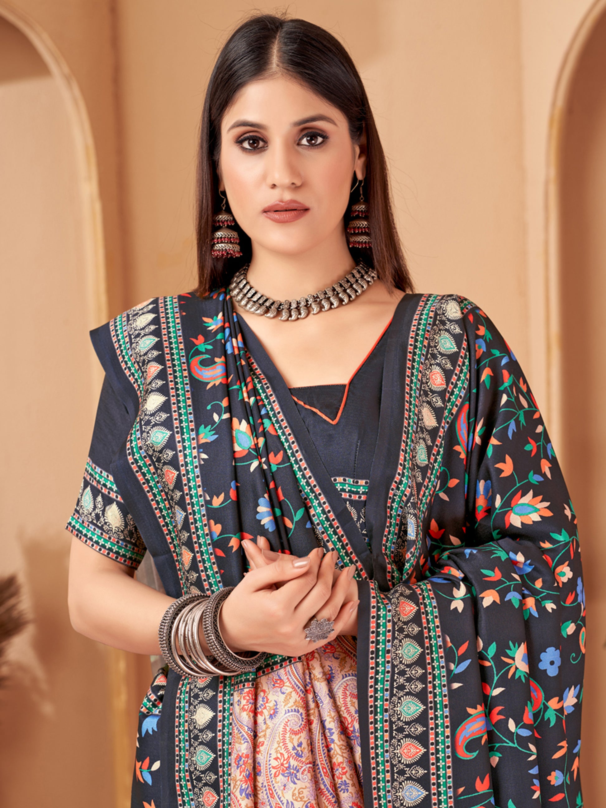 Charming Black Digital Printed Pashmina Traditional Saree With Shawl