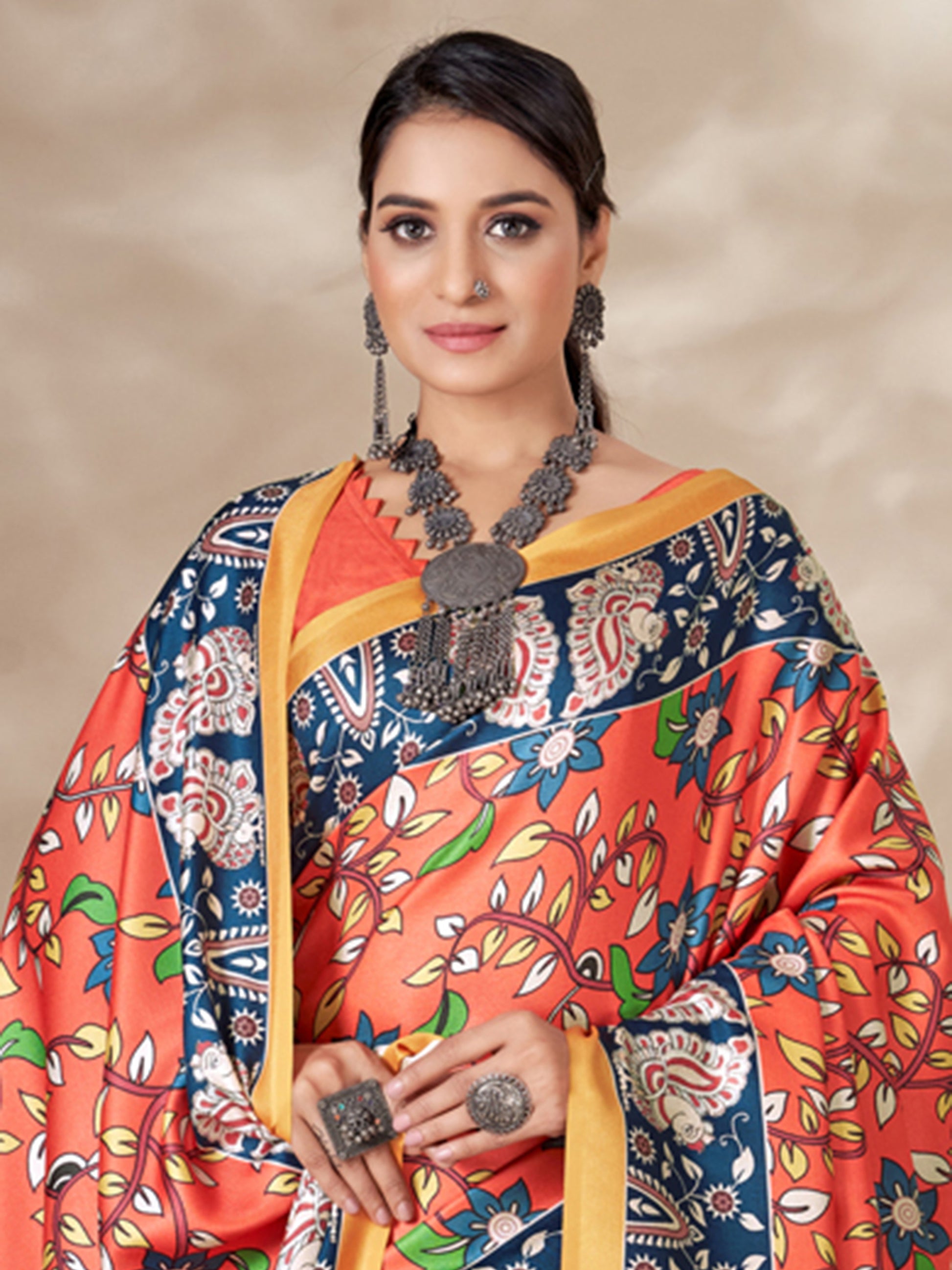 Attractive Orange Digital Printed Pashmina Event Wear Saree With Shawl
