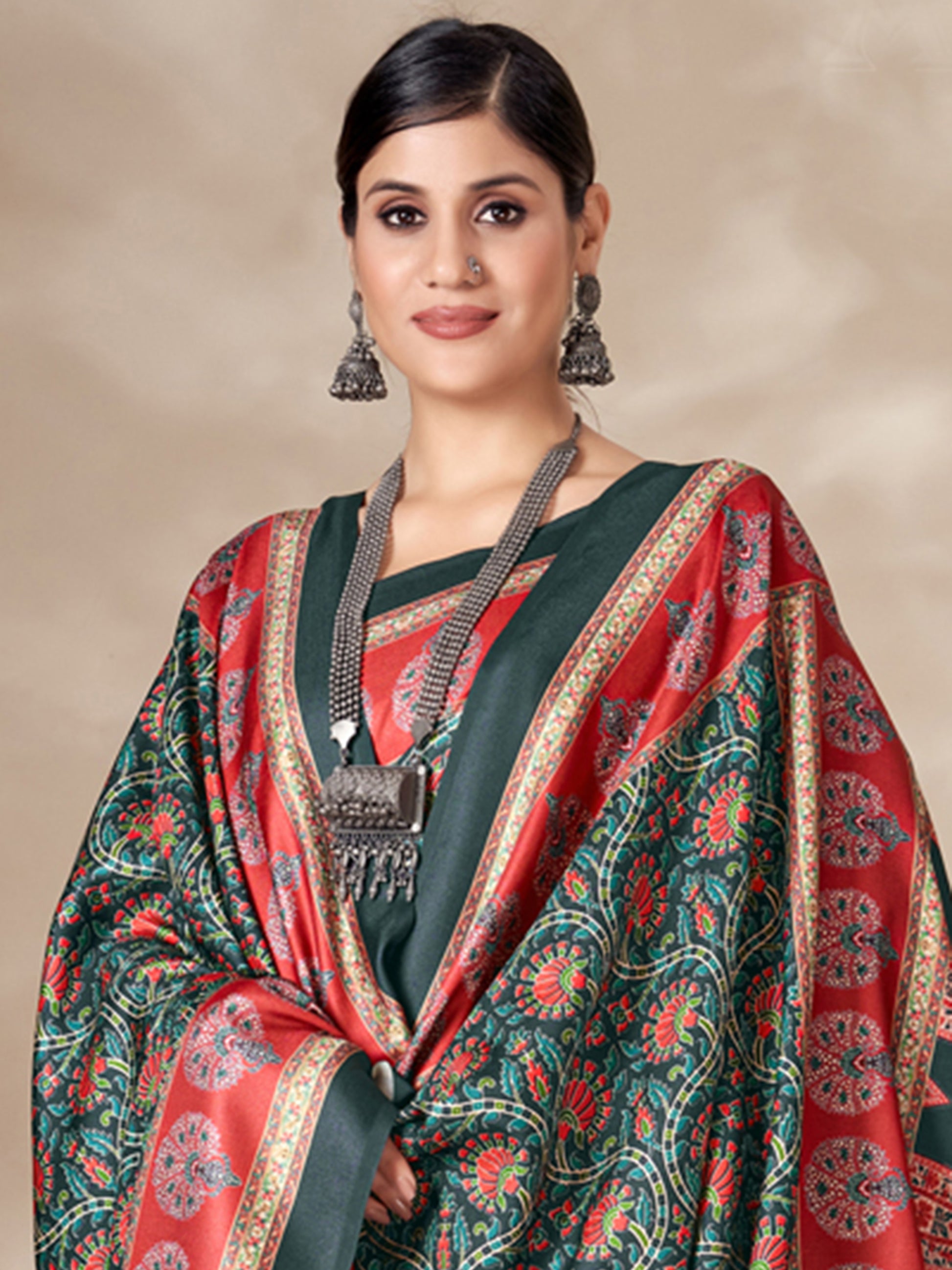 Alluring Multi-Color Digital Printed Pashmina Traditional Saree With Shawl