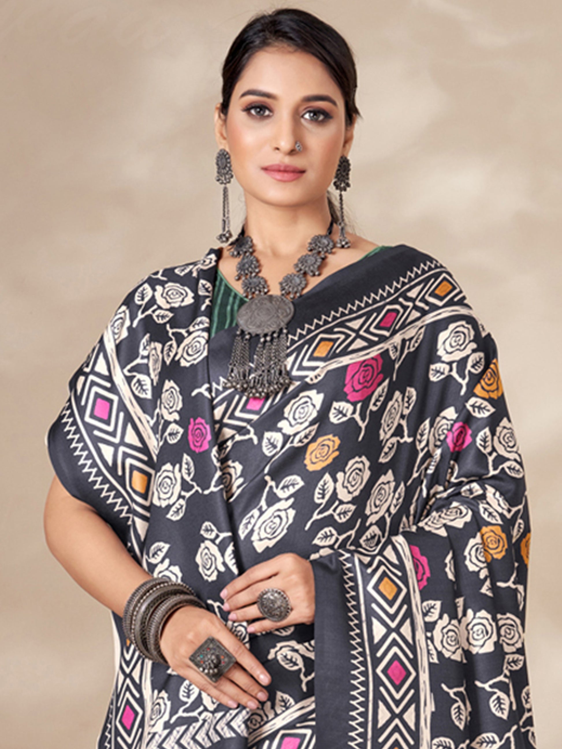 Stunning Black Digital Printed Pashmina Winter Wear Saree With Shawl