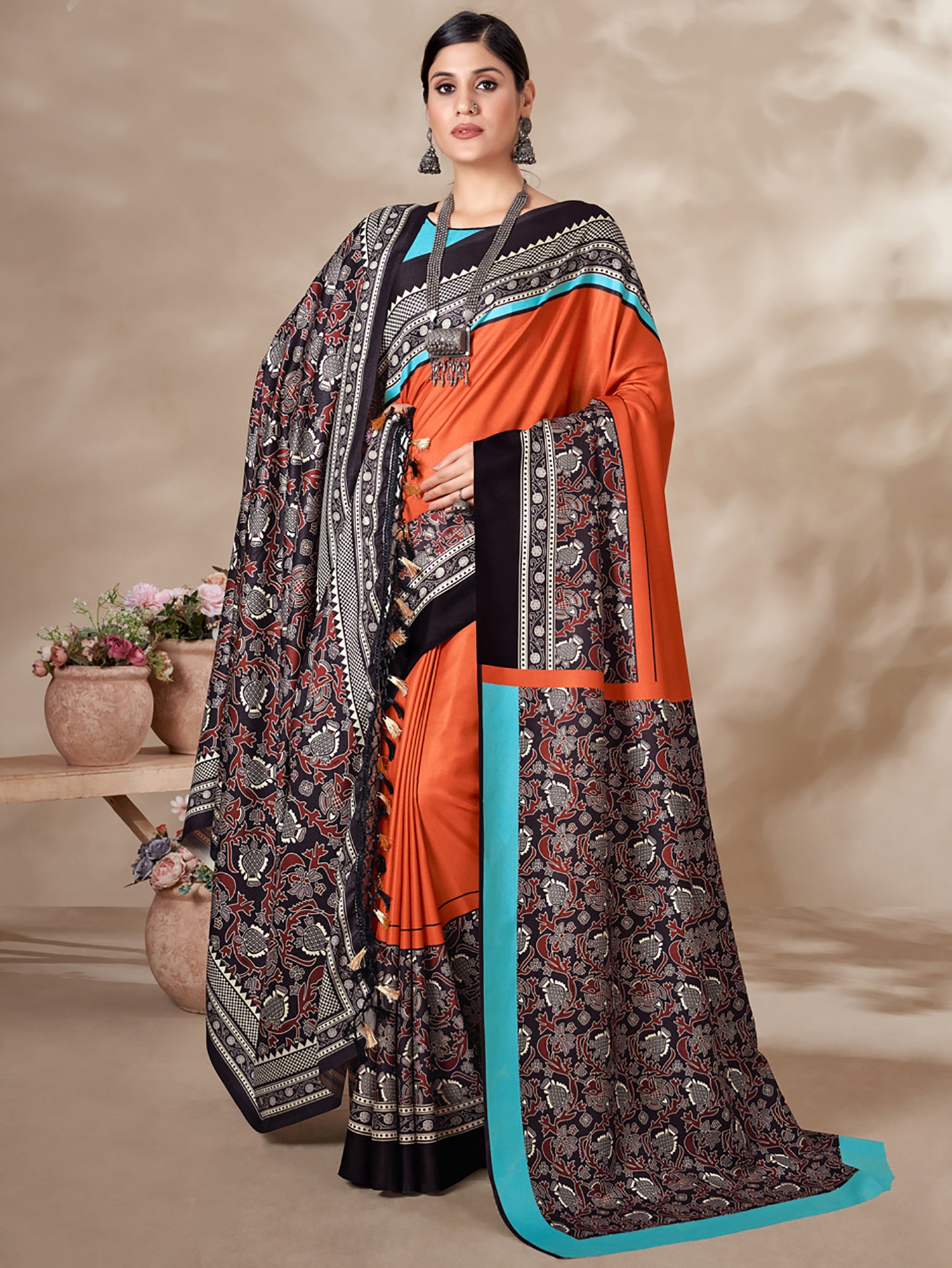 Adorable Orange Digital Printed Pashmina Event Wear Saree With Shawl