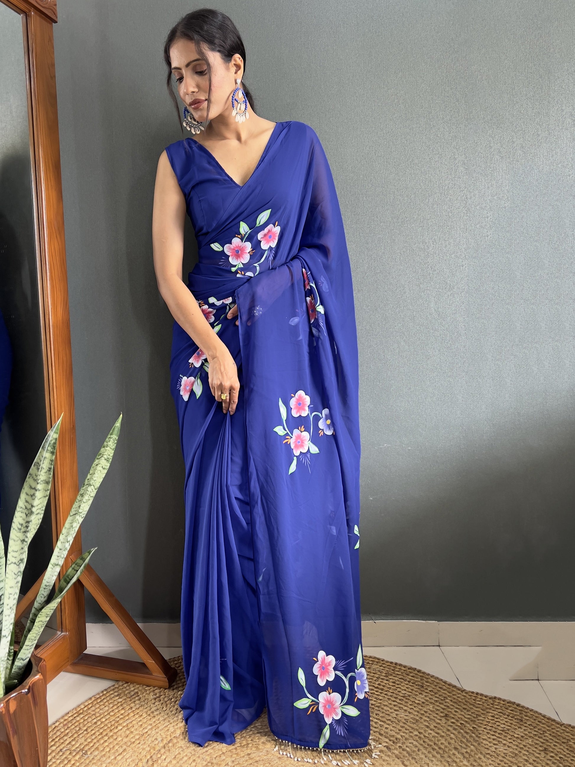 Attractive Blue Floral Print Georgette Pre Stitched Saree With Blouse
