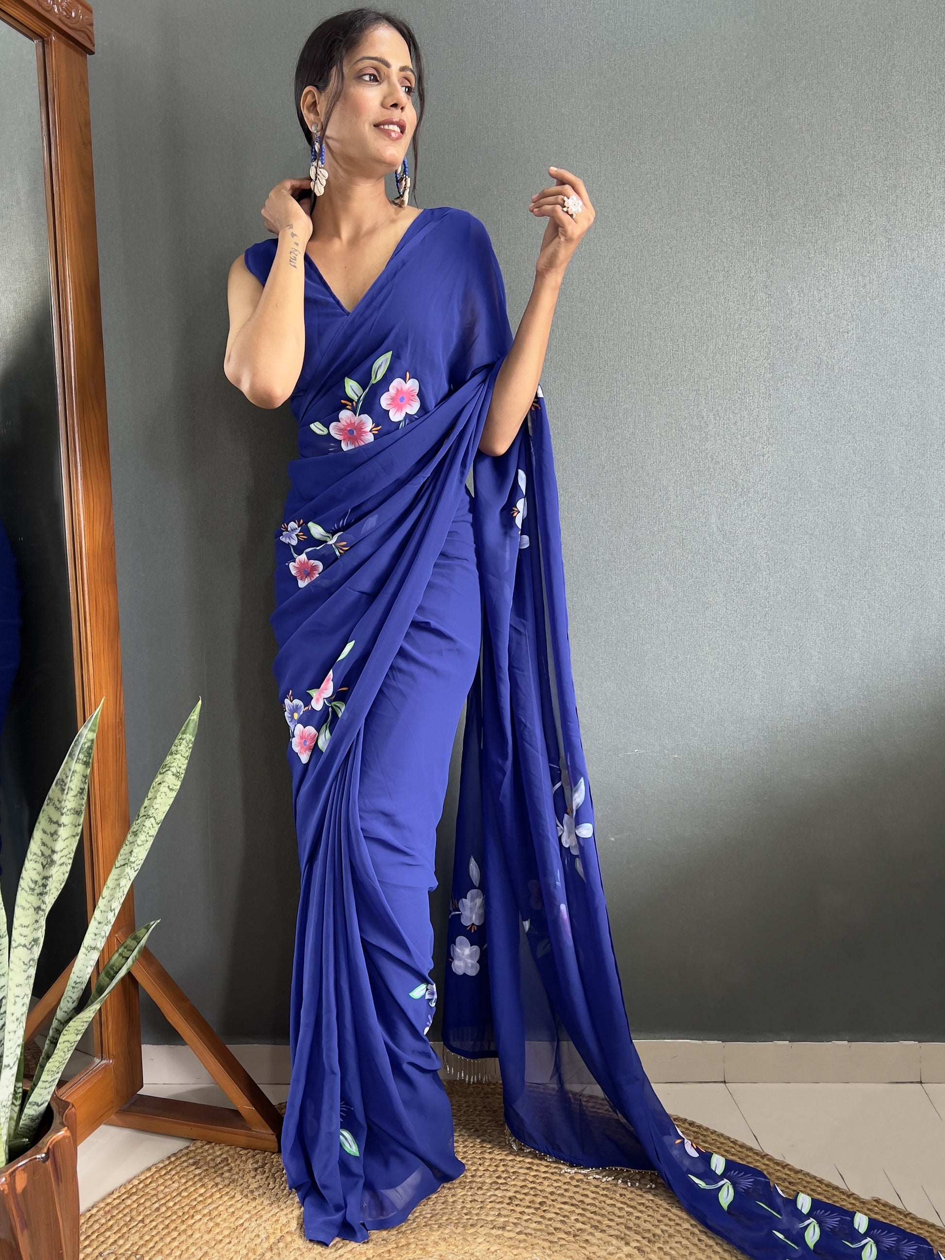 Attractive Blue Floral Print Georgette Pre Stitched Saree With Blouse