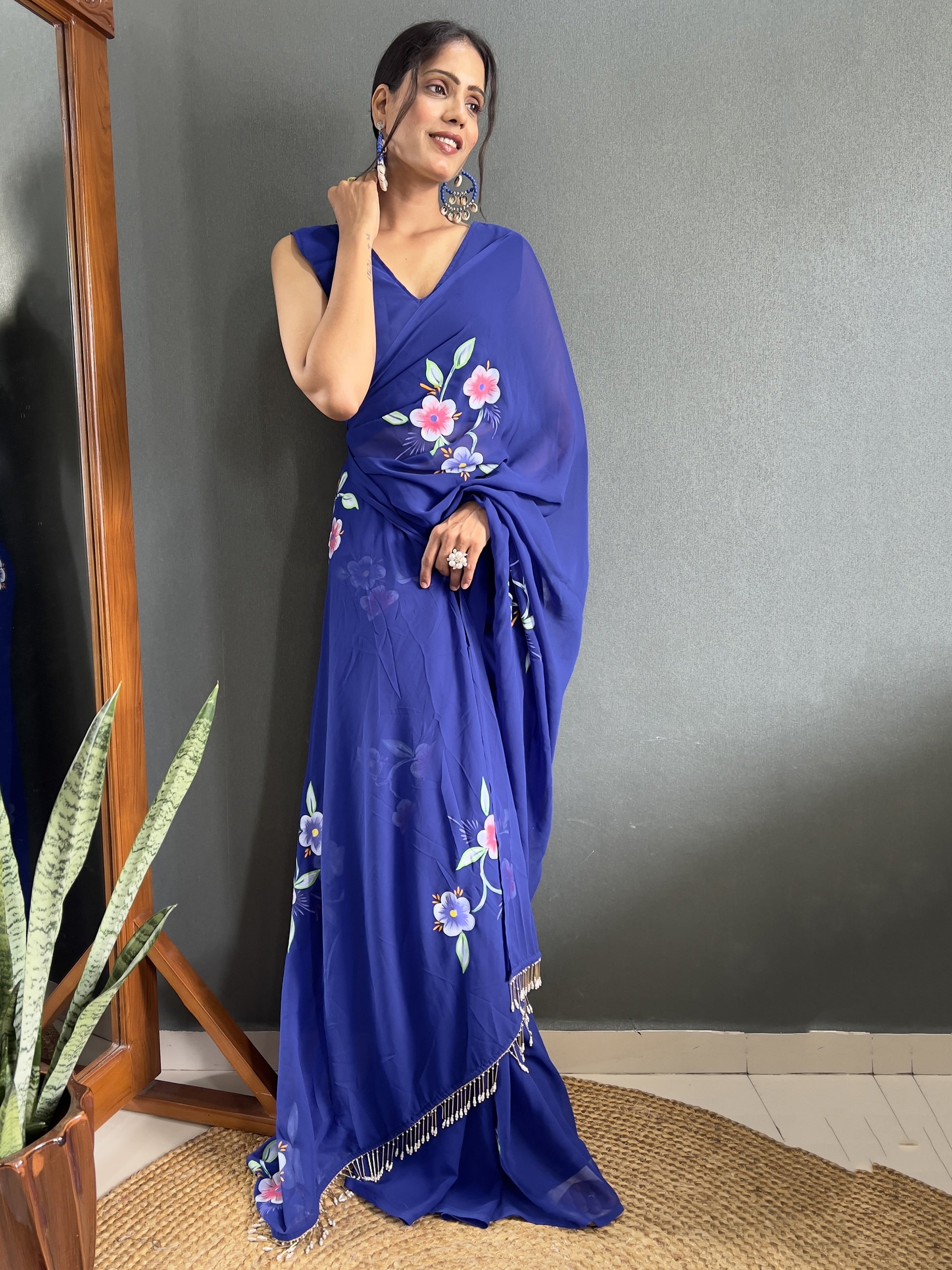 Attractive Blue Floral Print Georgette Pre Stitched Saree With Blouse