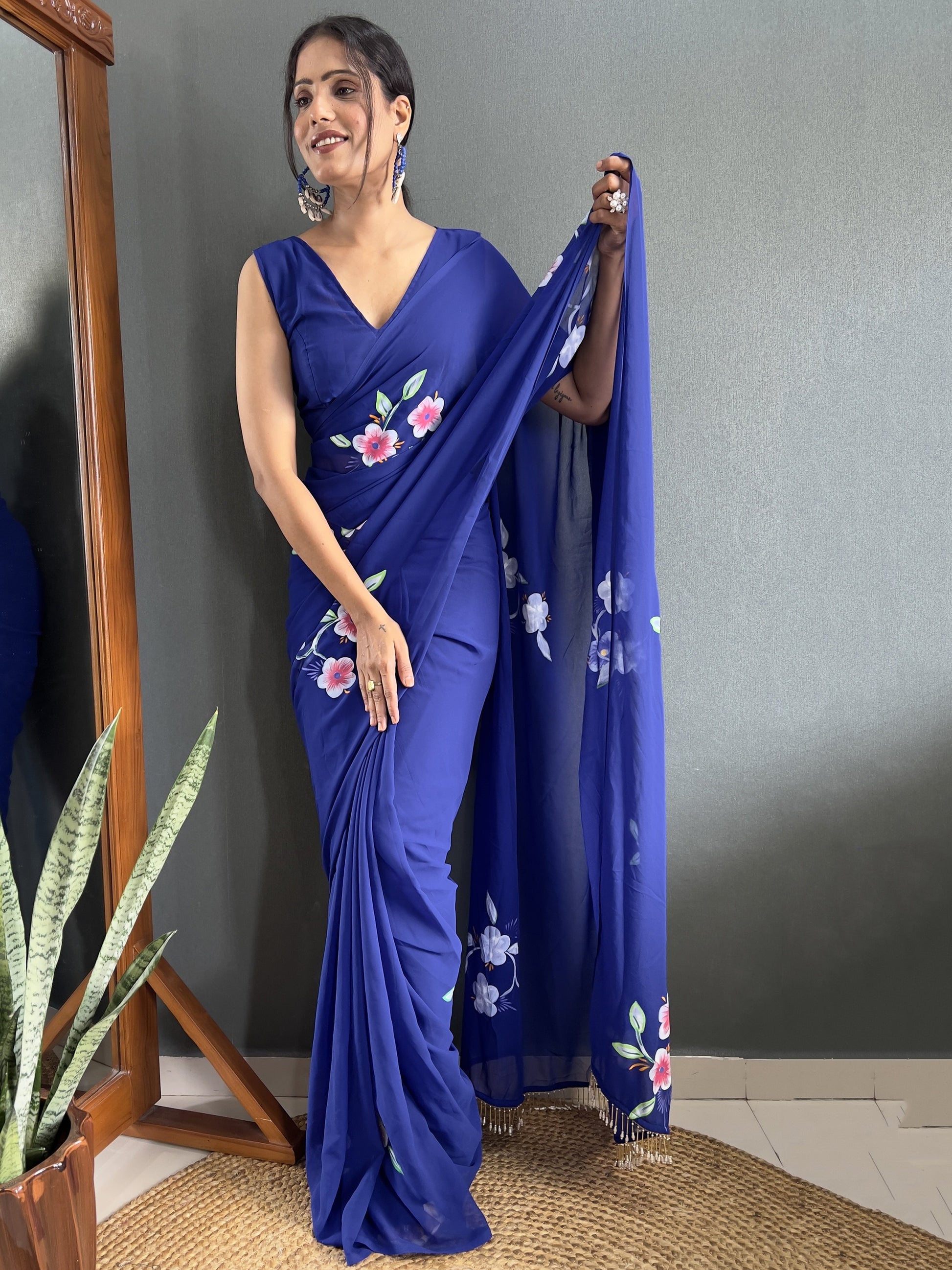 Attractive Blue Floral Print Georgette Pre Stitched Saree With Blouse