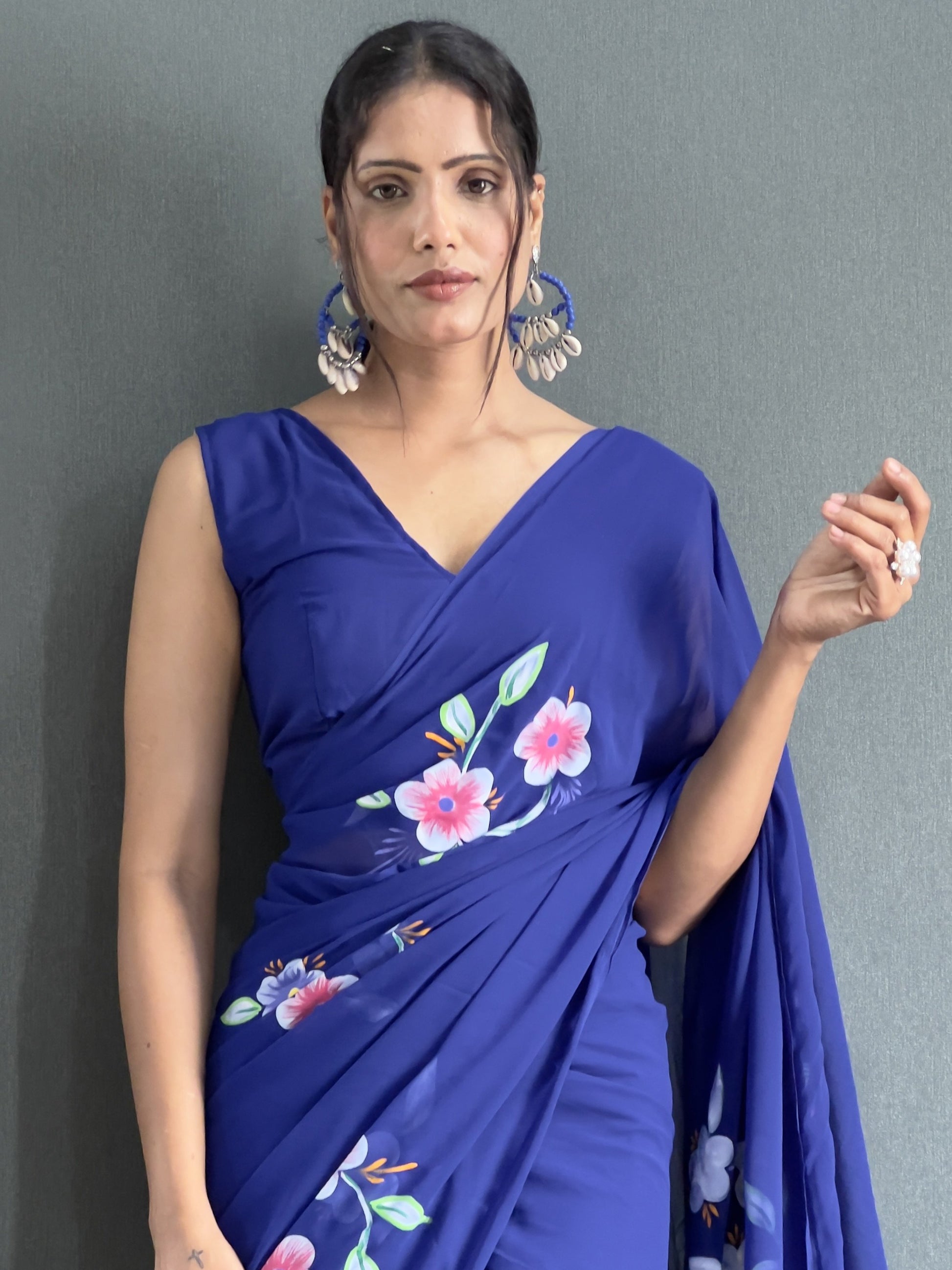 Attractive Blue Floral Print Georgette Pre Stitched Saree With Blouse