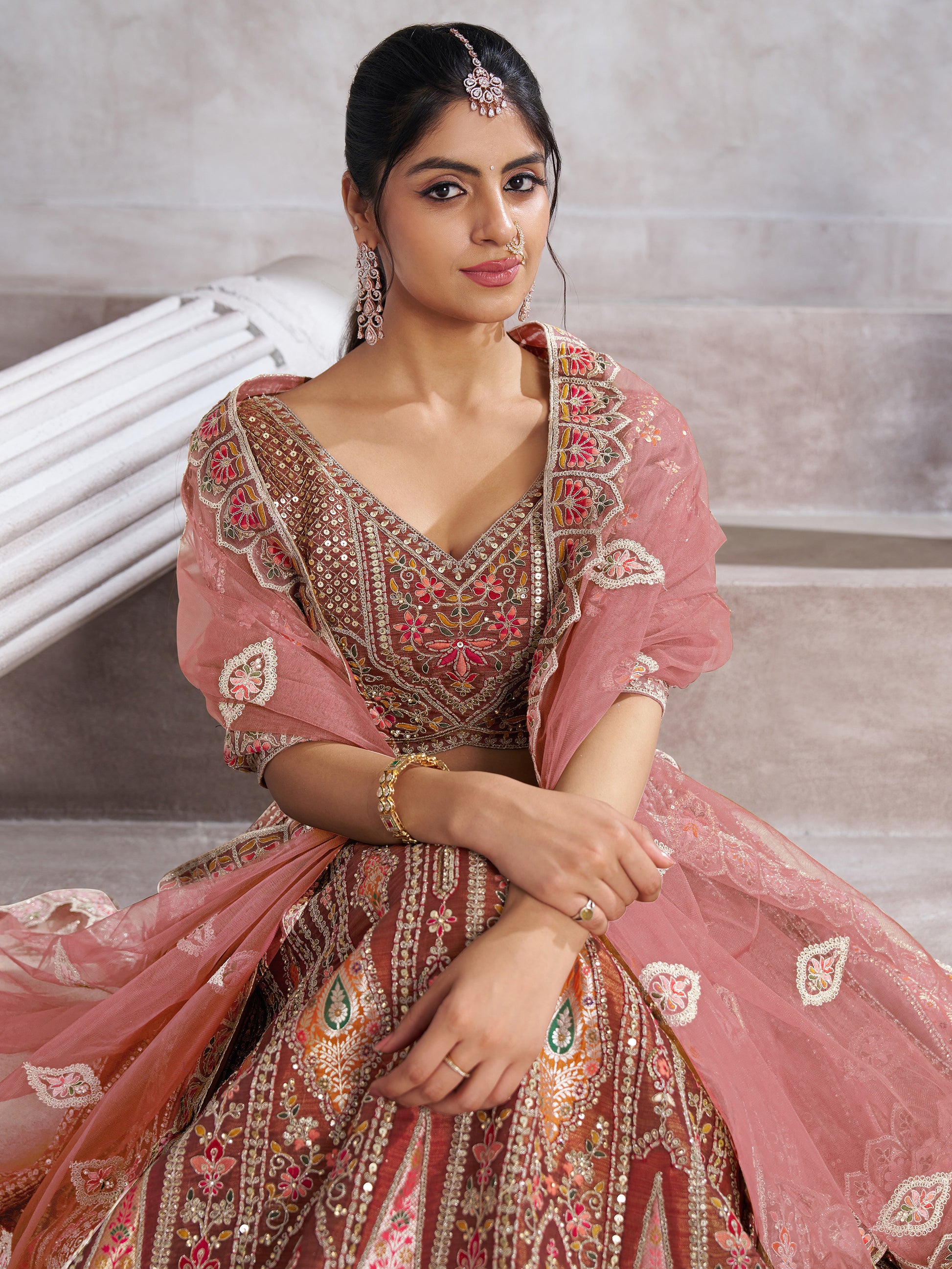 Amazing Brown Sequins Banarasi Silk Designer Lehenga Choli