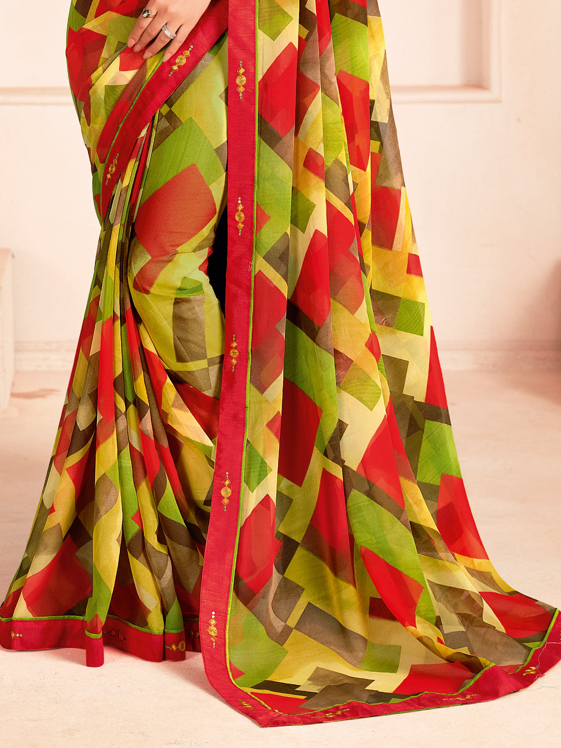Outstanding Green Digital Printed Georgette Evening Wear Saree