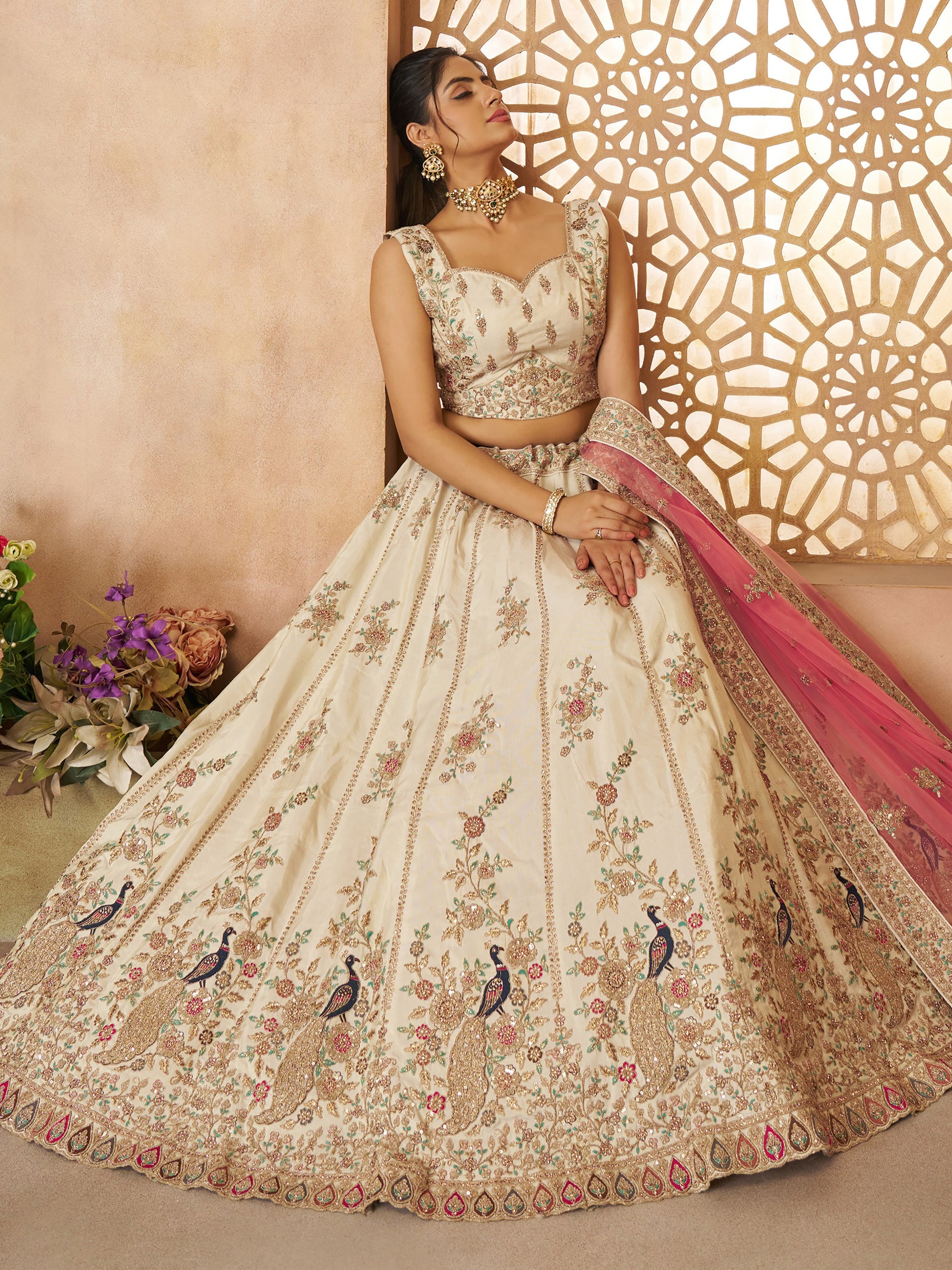 Amazing Off-White Thread Embroidered Silk Lehenga Choli With Dupatta