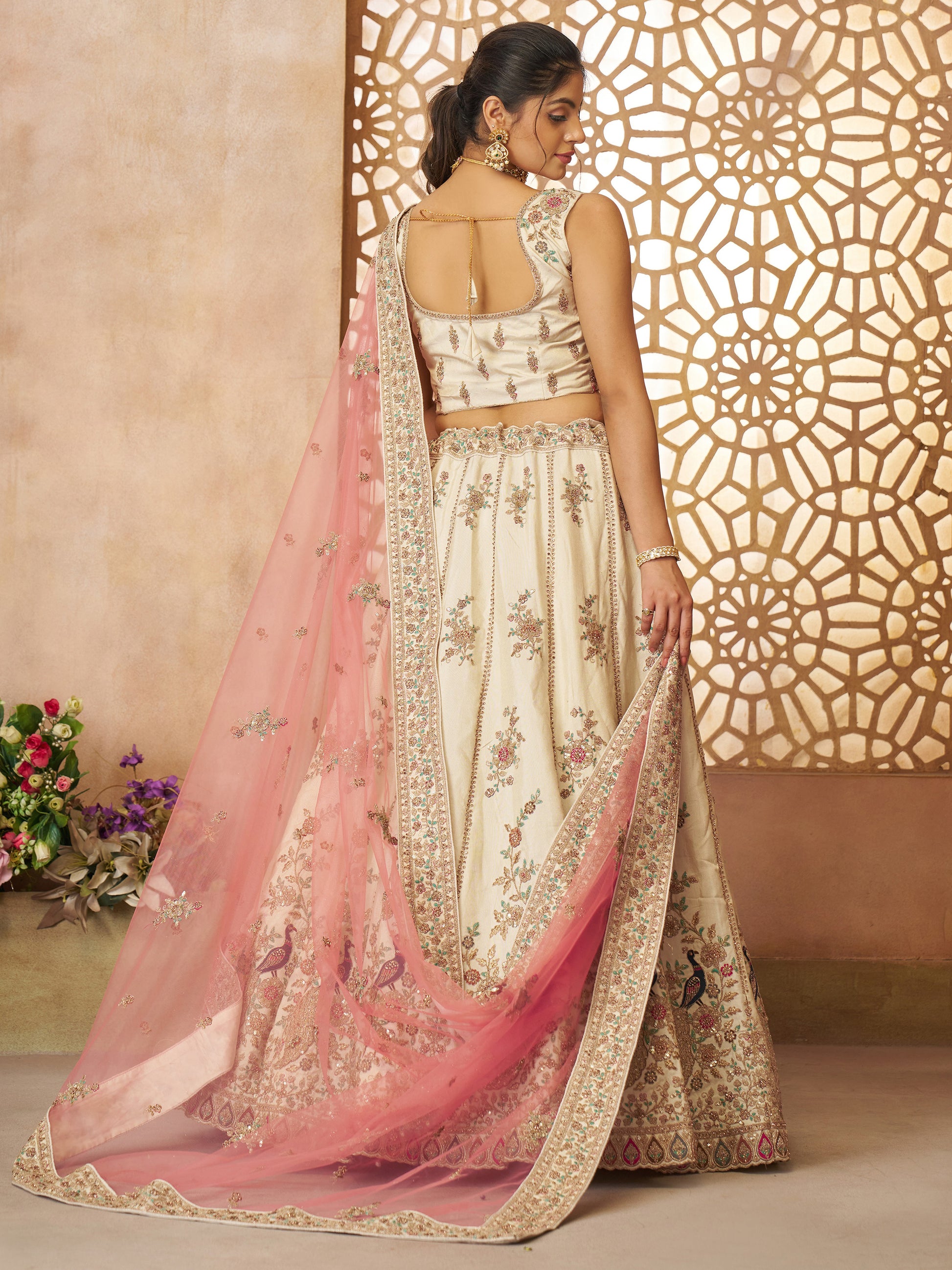 Amazing Off-White Thread Embroidered Silk Lehenga Choli With Dupatta