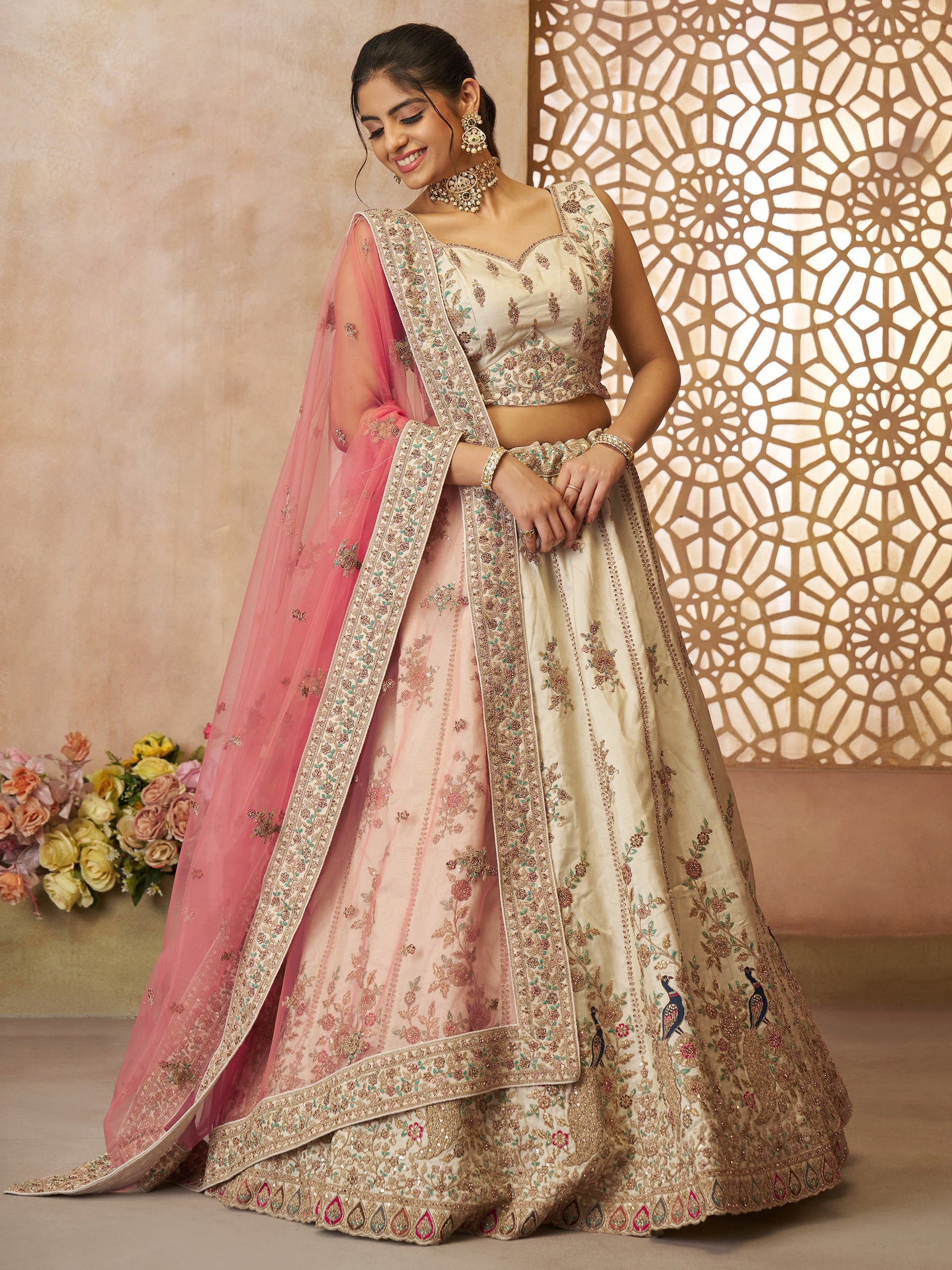 Amazing Off-White Thread Embroidered Silk Lehenga Choli With Dupatta