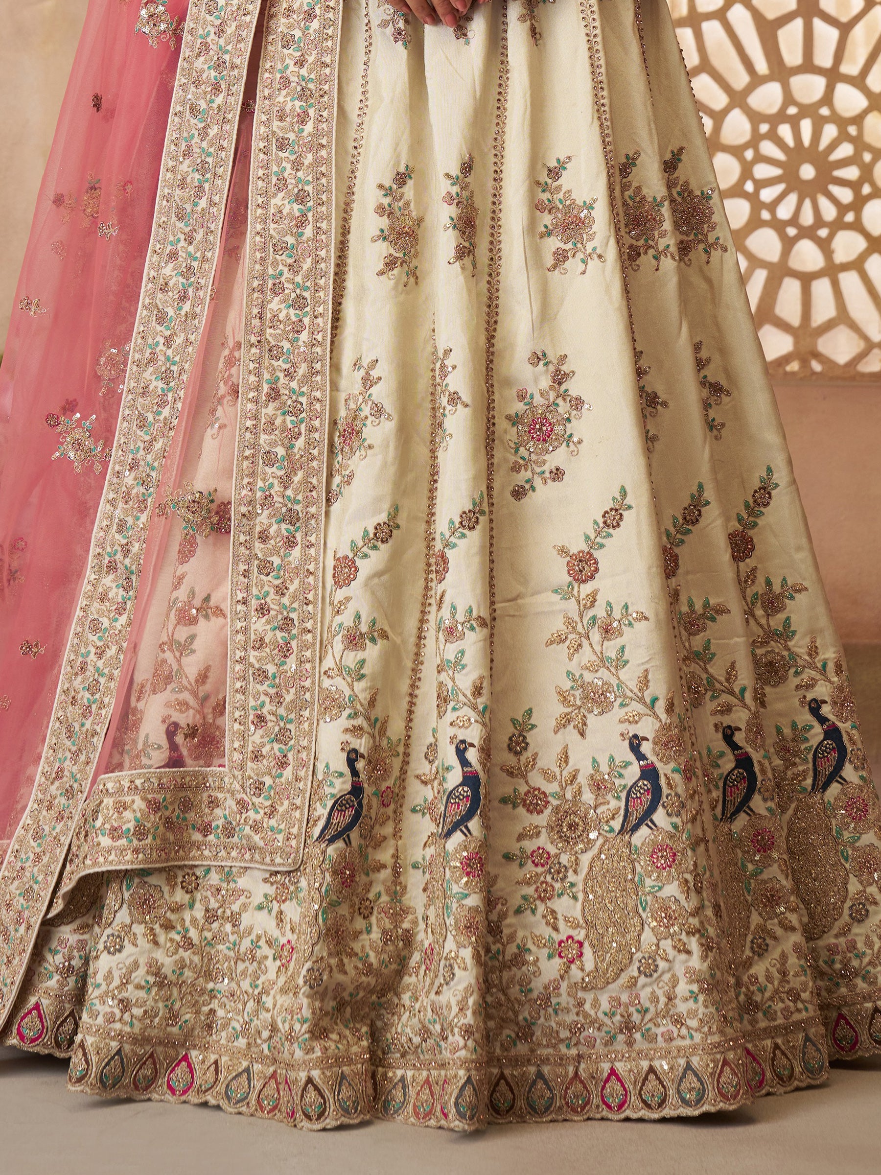 Amazing Off-White Thread Embroidered Silk Lehenga Choli With Dupatta