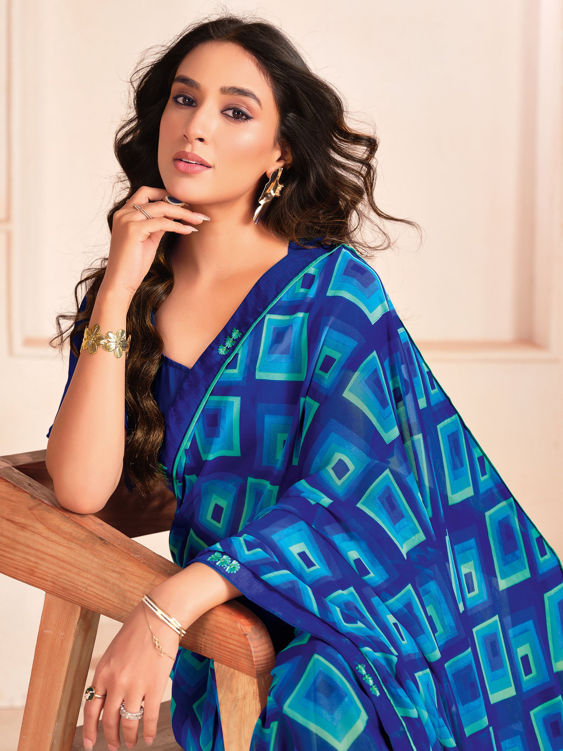 Bewitching Blue Digital Printed Georgette Casual Wear Saree With Blouse