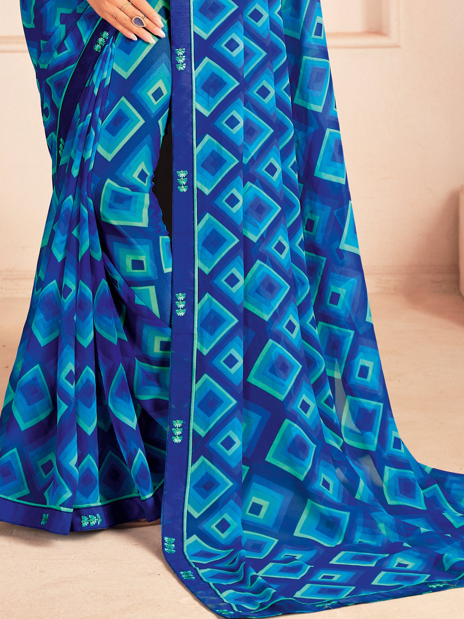 Bewitching Blue Digital Printed Georgette Casual Wear Saree With Blouse