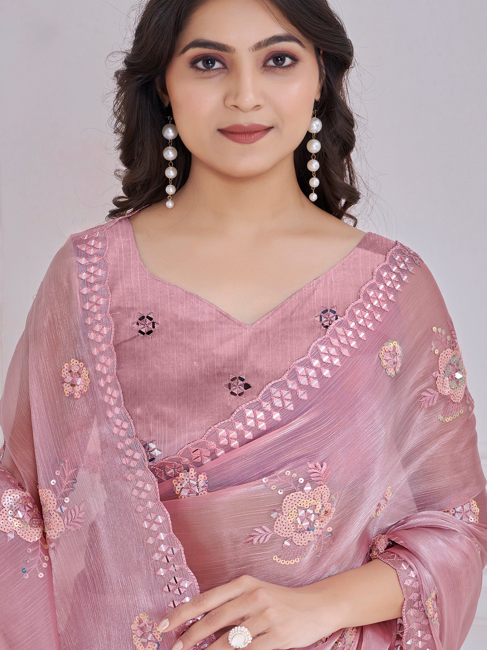 Ravishing Baby Pink Mirror Work Organza Silk Party Wear Saree With Blouse