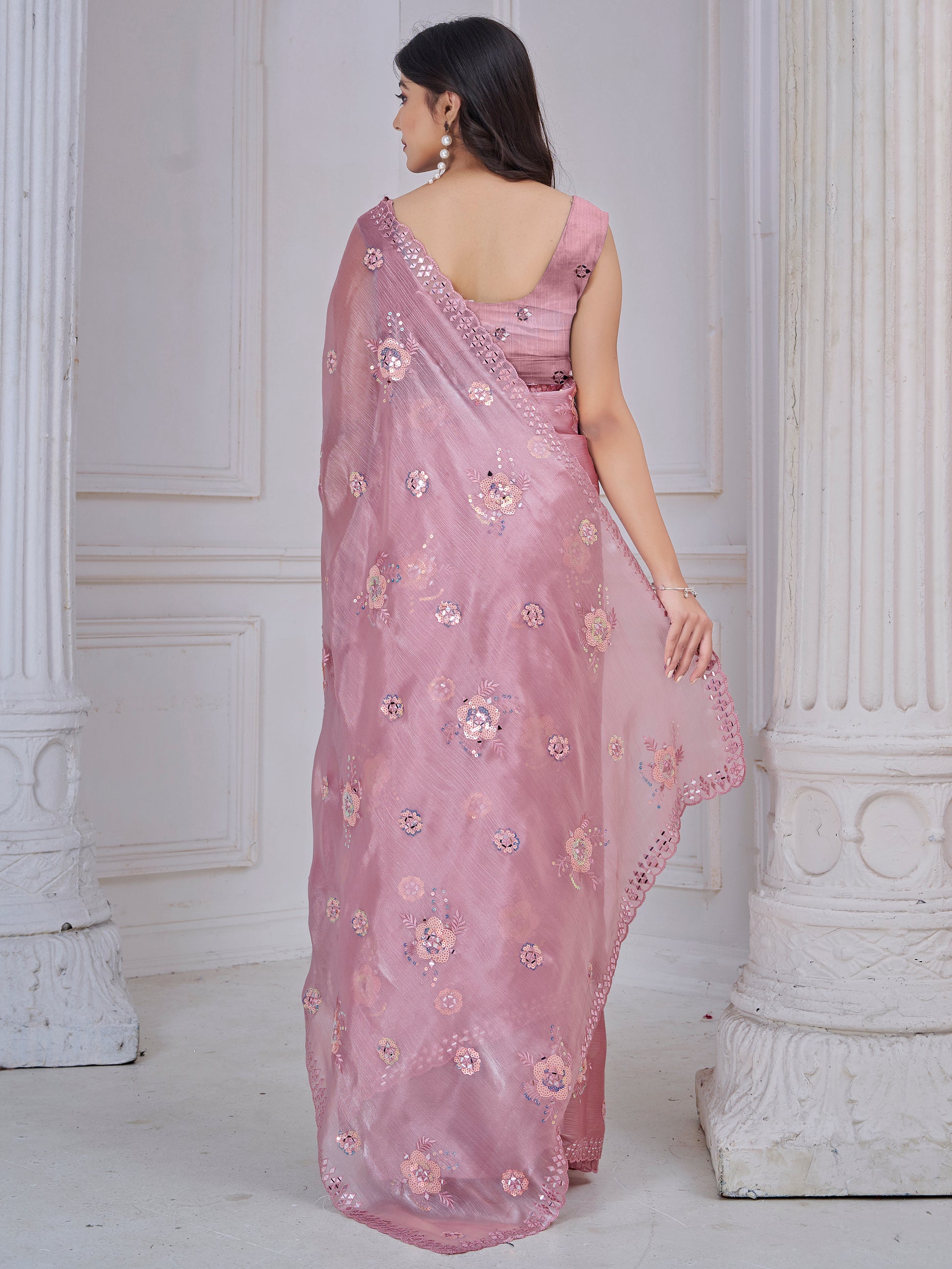Ravishing Baby Pink Mirror Work Organza Silk Party Wear Saree With Blouse