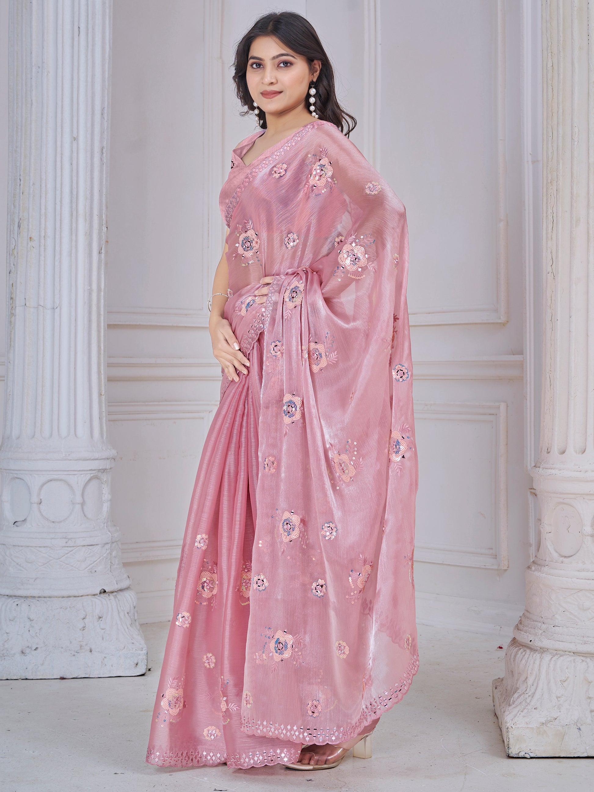 Ravishing Baby Pink Mirror Work Organza Silk Party Wear Saree With Blouse