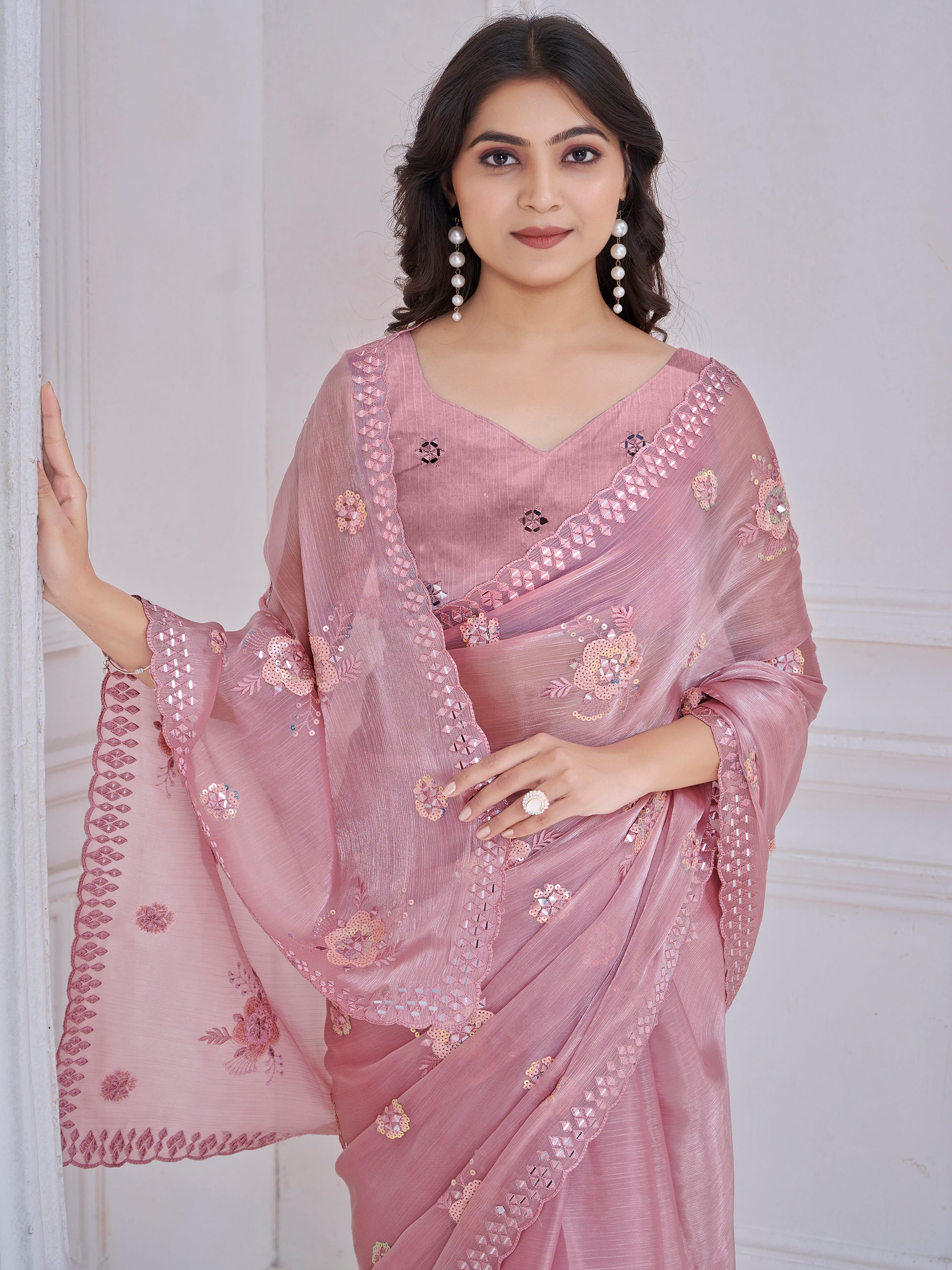 Ravishing Baby Pink Mirror Work Organza Silk Party Wear Saree With Blouse