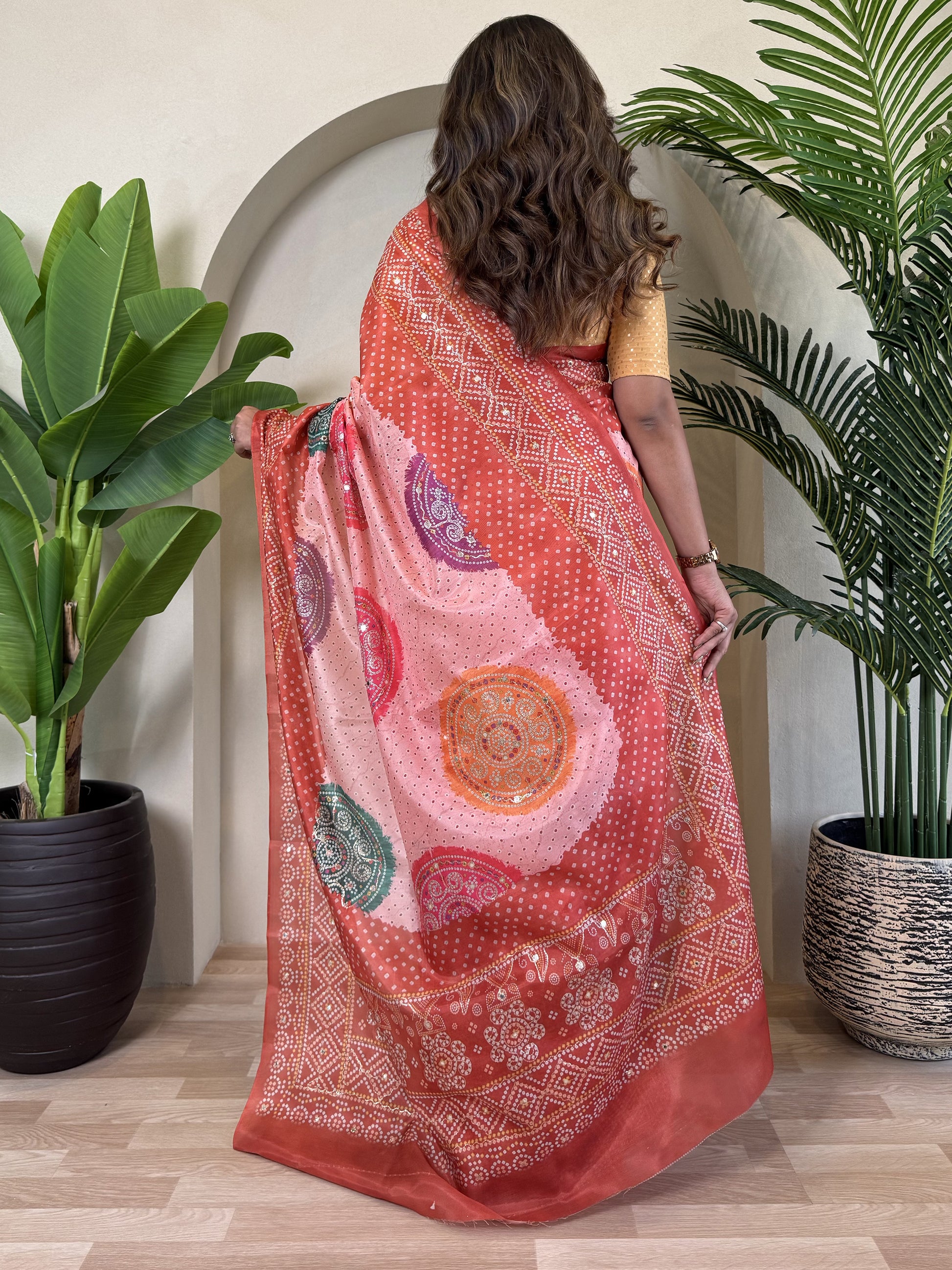 Stunning Peach Bandhni Printed Tissue Silk Saree With Yellow Blouse