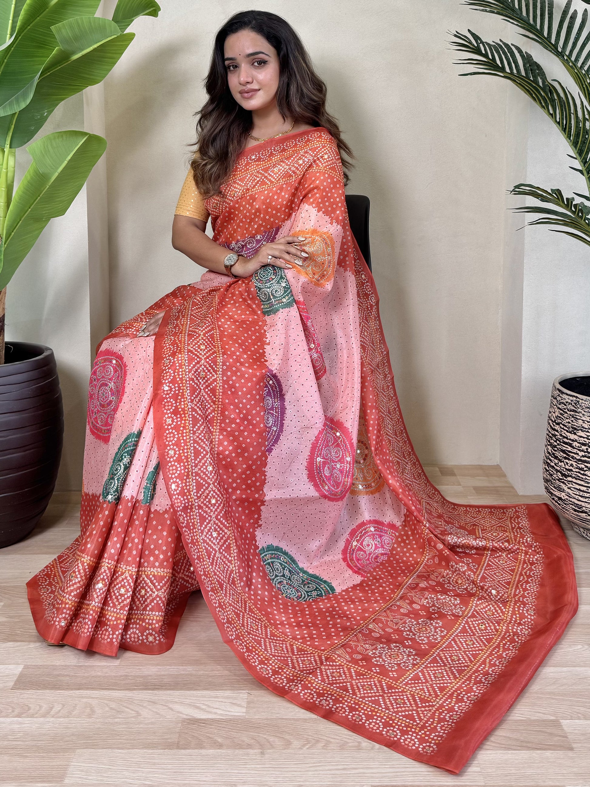 Stunning Peach Bandhni Printed Tissue Silk Saree With Yellow Blouse