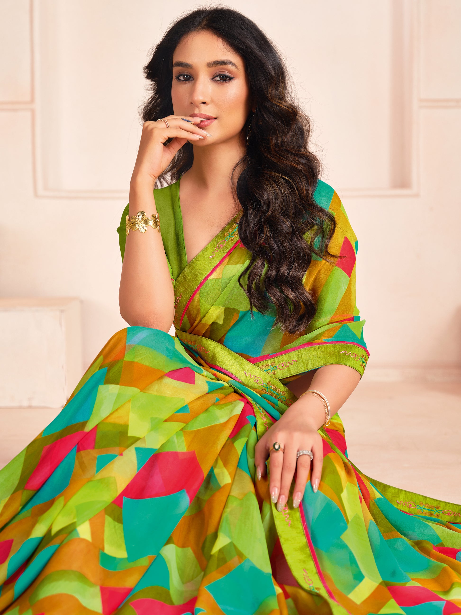 Incredible Light Green Digital Printed Georgette Evening Wear Saree With Blouse5