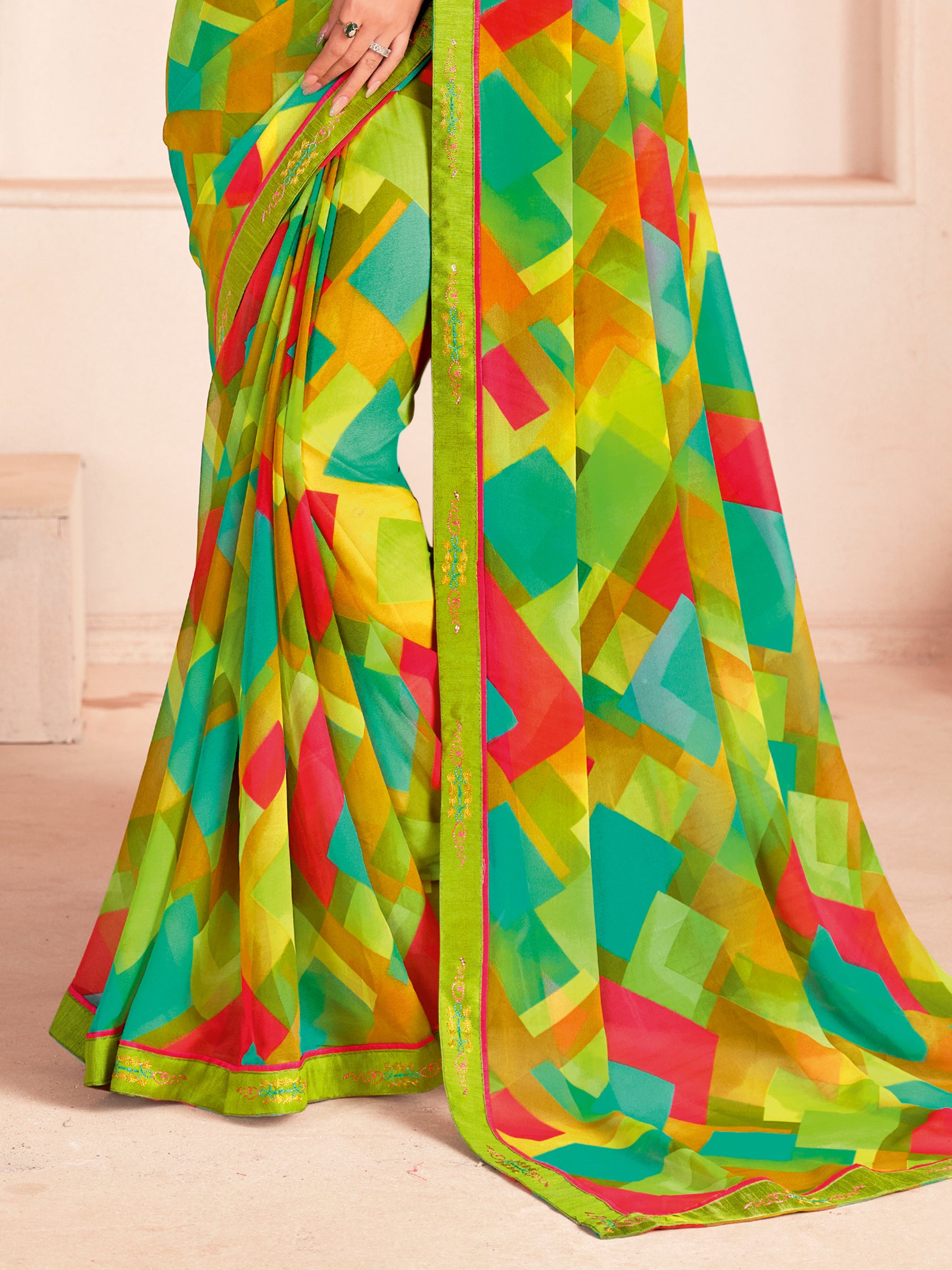 Incredible Light Green Digital Printed Georgette Evening Wear Saree With Blouse5