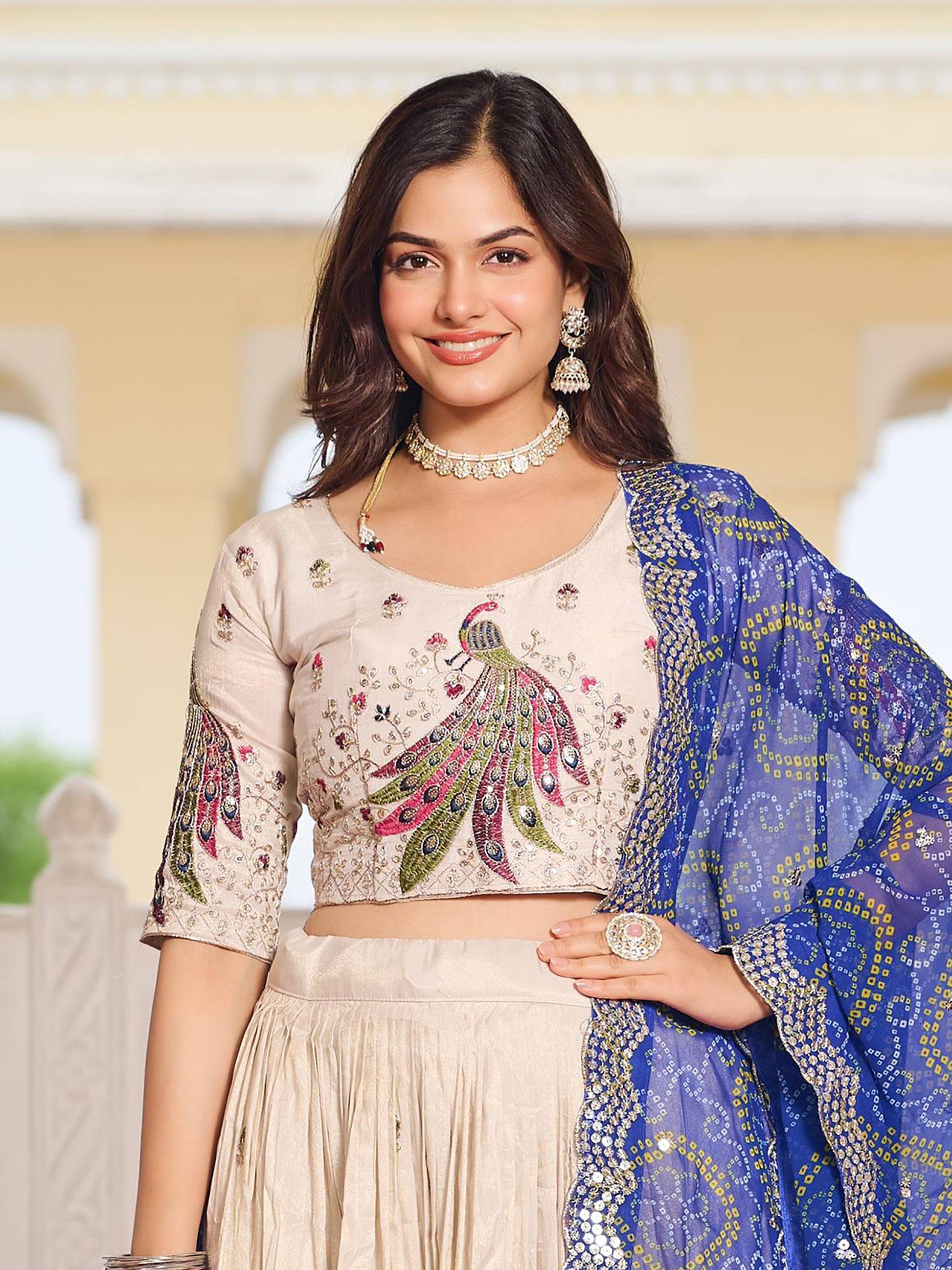 Splendid Off-White Sequins Tissue Silk Wedding Lehenga Choli With Blue Dupatta