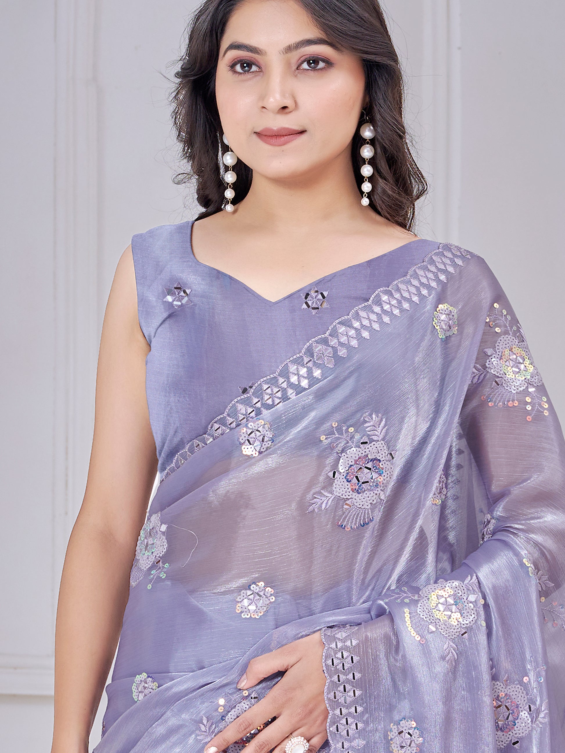 Amazing Purple Sequins Organza Silk Festive Wear Saree With Blouse