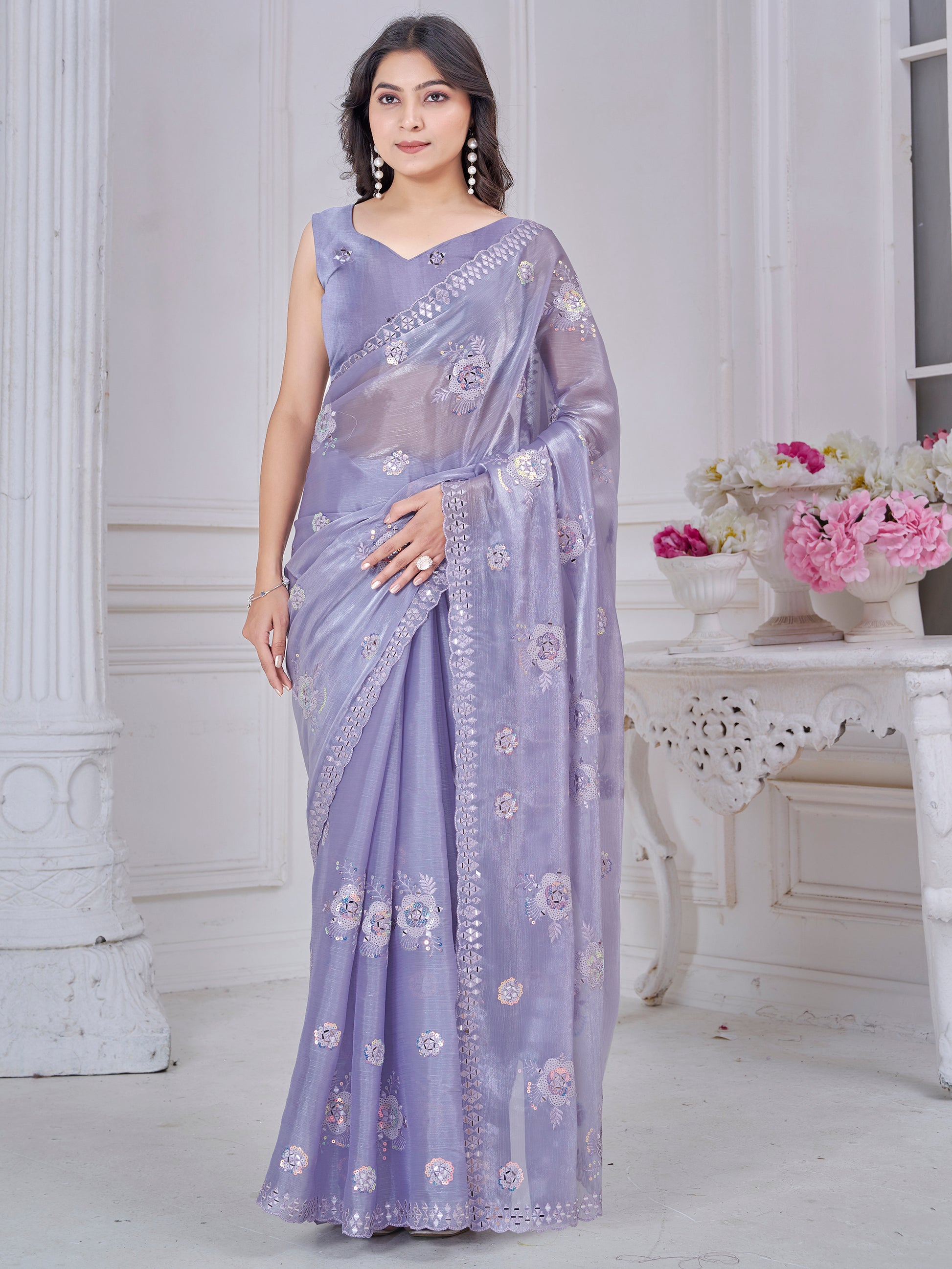 Amazing Purple Sequins Organza Silk Festive Wear Saree With Blouse