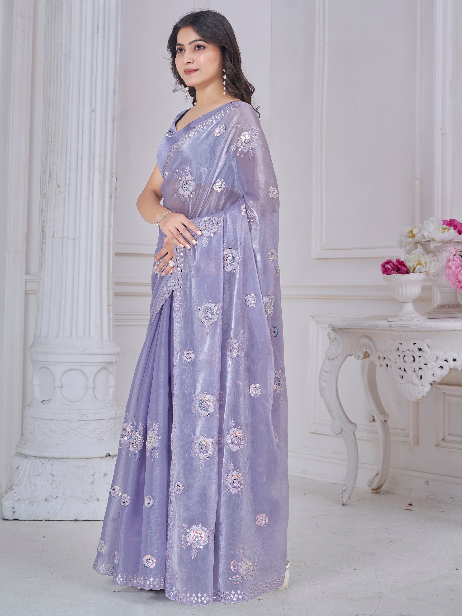 Amazing Purple Sequins Organza Silk Festive Wear Saree With Blouse