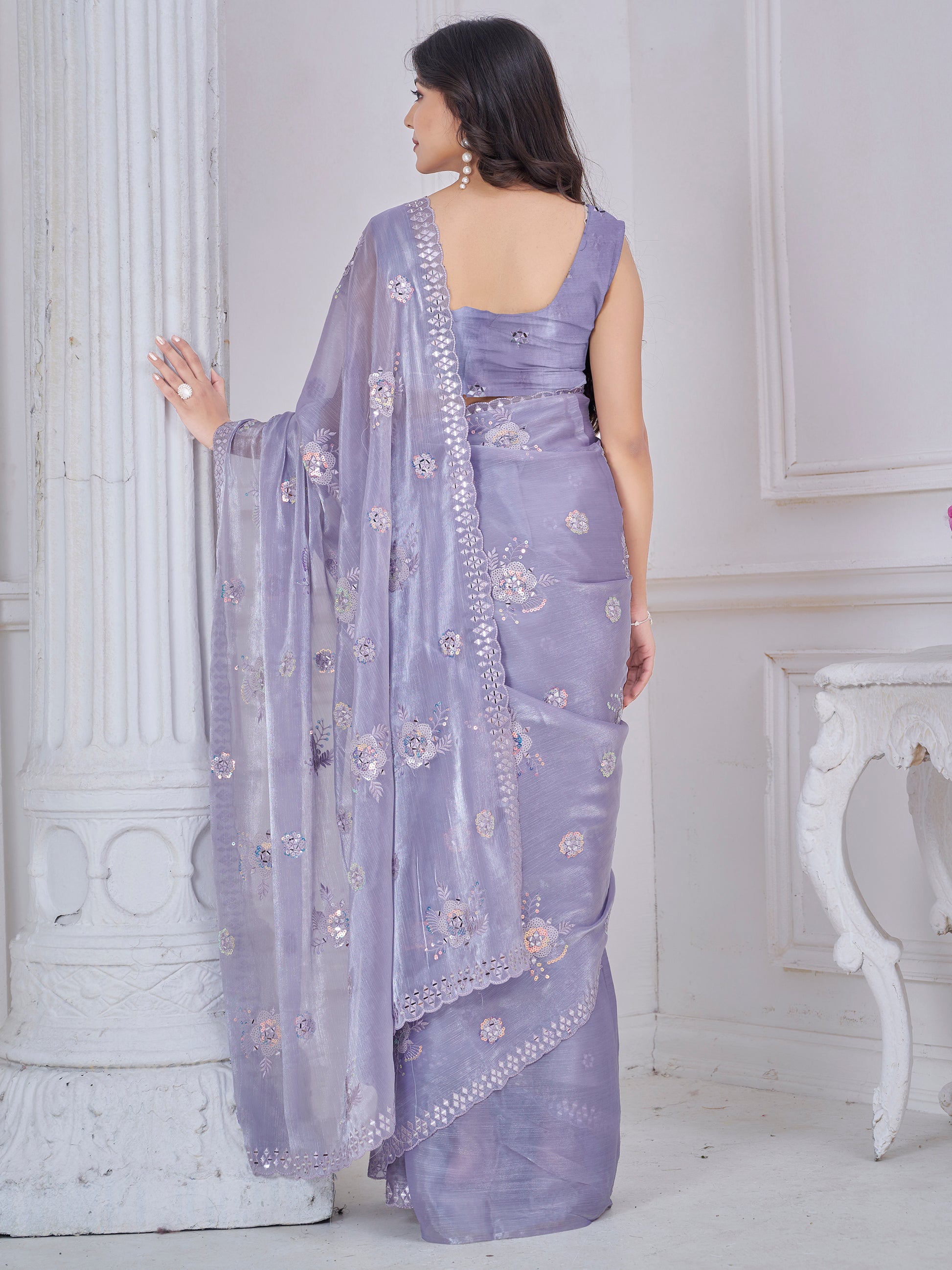 Amazing Purple Sequins Organza Silk Festive Wear Saree With Blouse