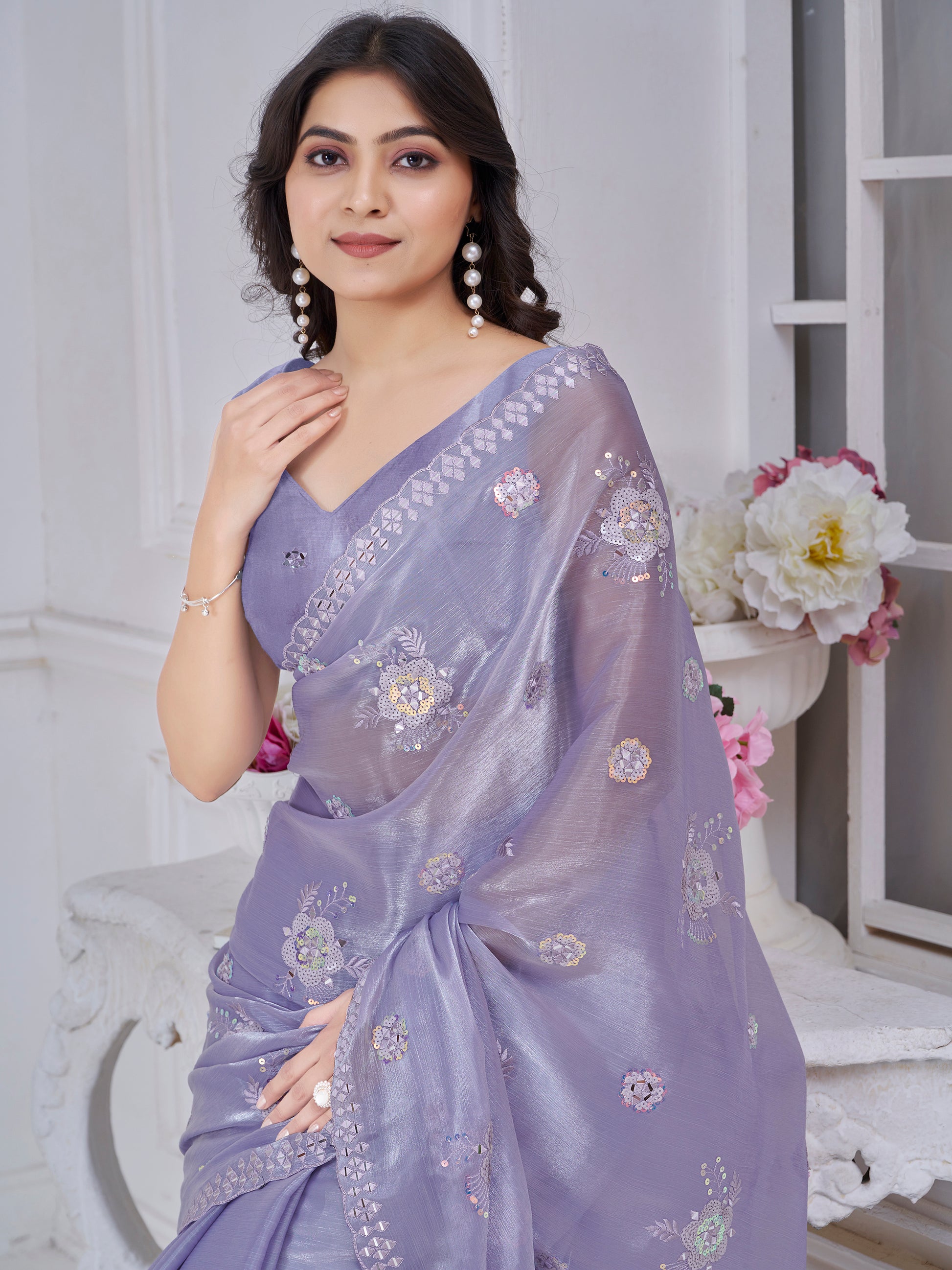 Amazing Purple Sequins Organza Silk Festive Wear Saree With Blouse