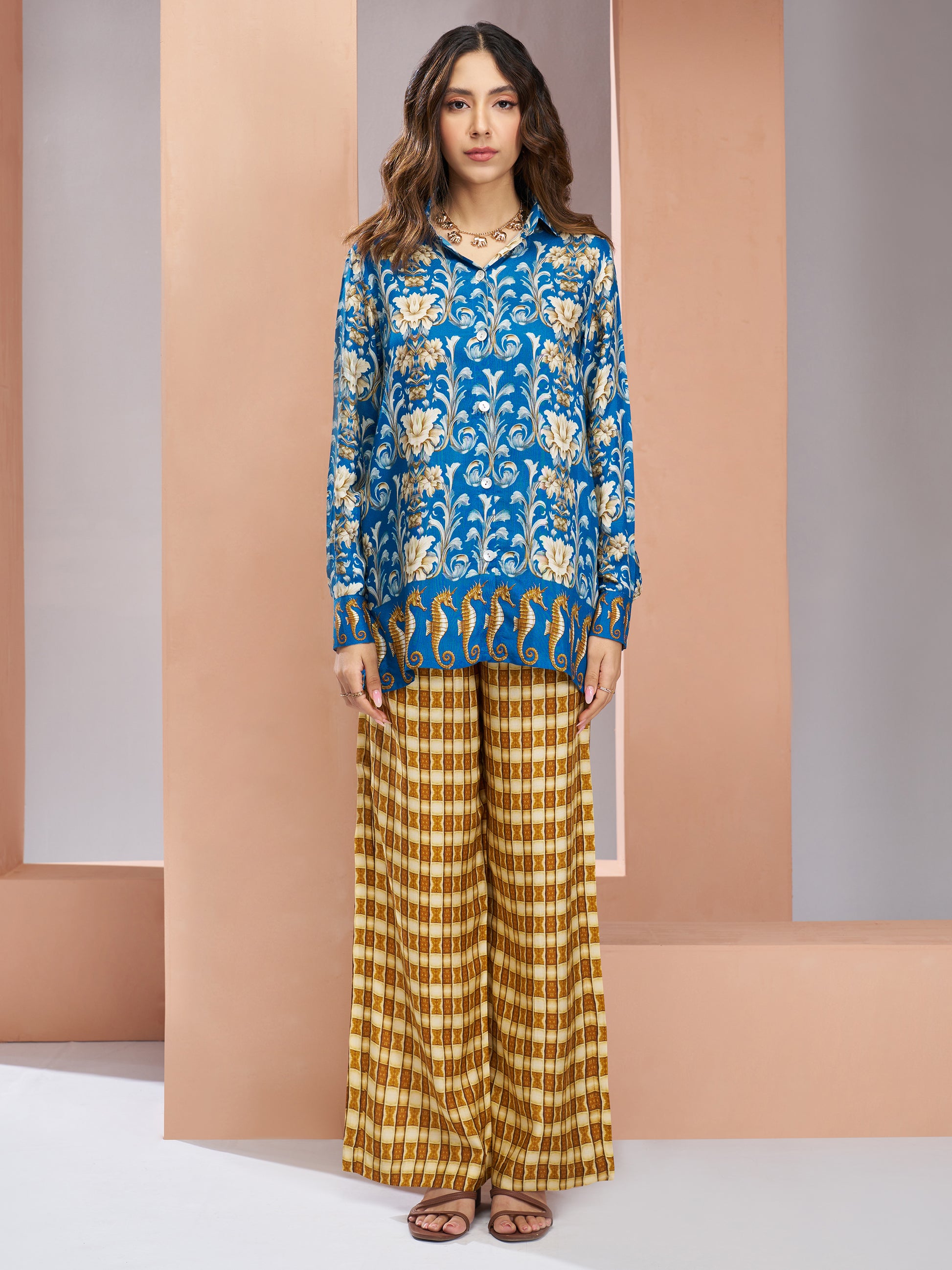Awesome Royal Blue Printed Muslin Silk Casual Wear Co-Ord Set