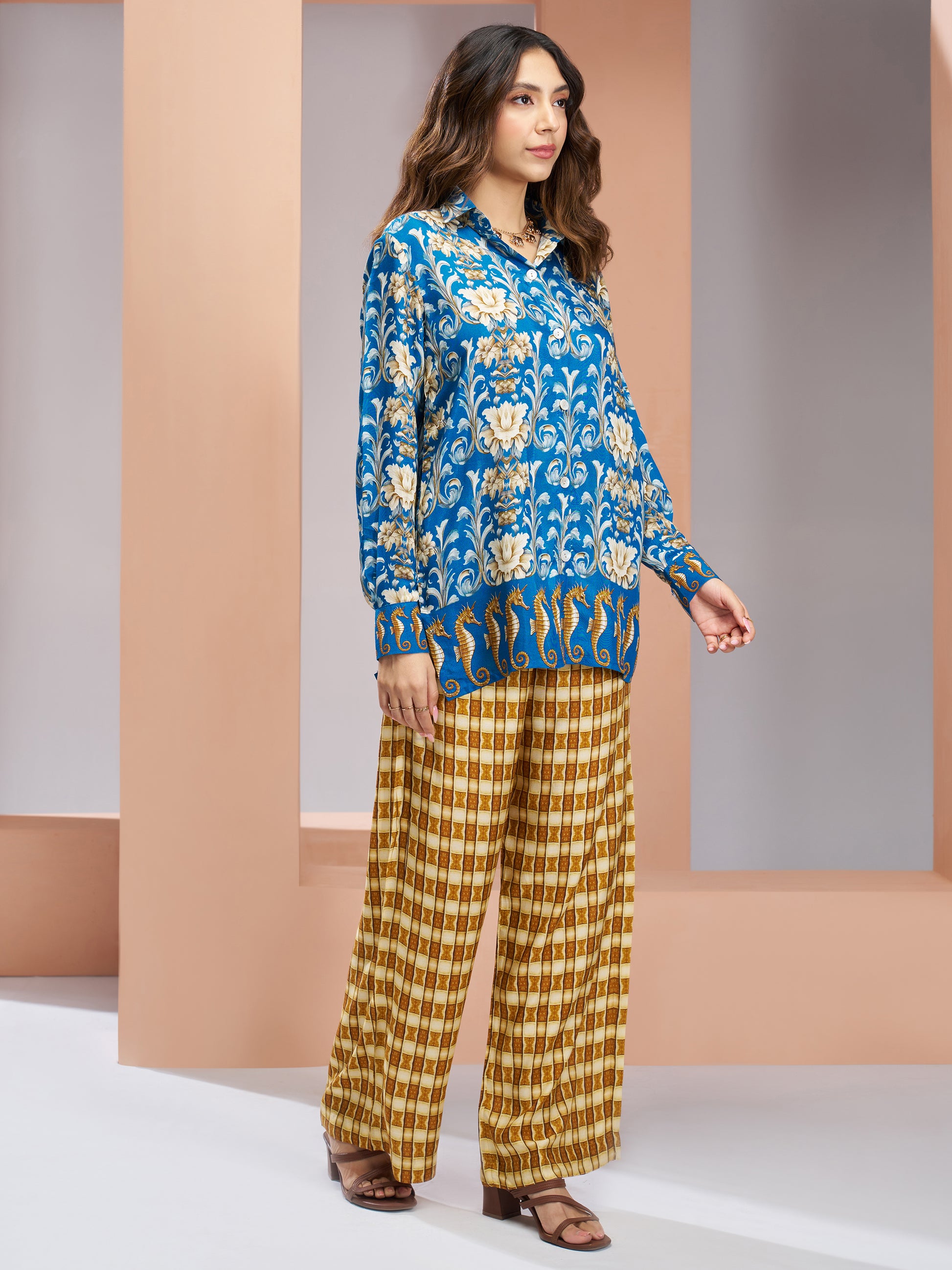 Awesome Royal Blue Printed Muslin Silk Casual Wear Co-Ord Set