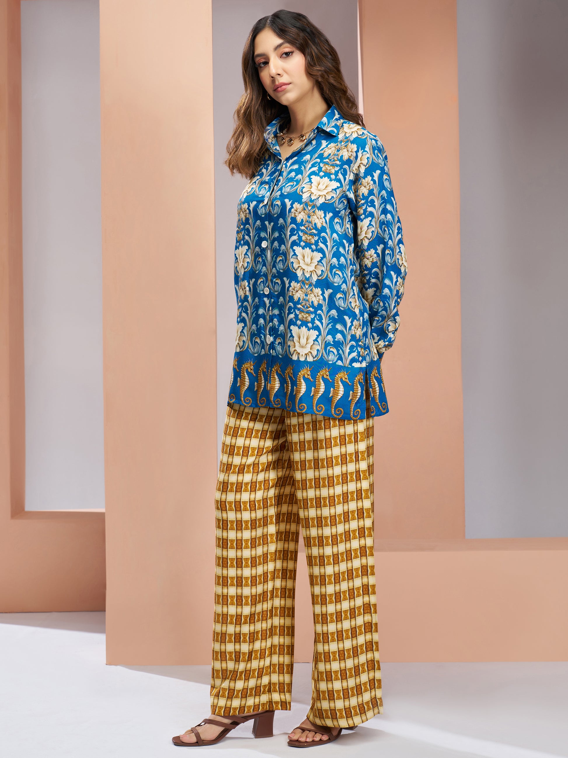 Awesome Royal Blue Printed Muslin Silk Casual Wear Co-Ord Set