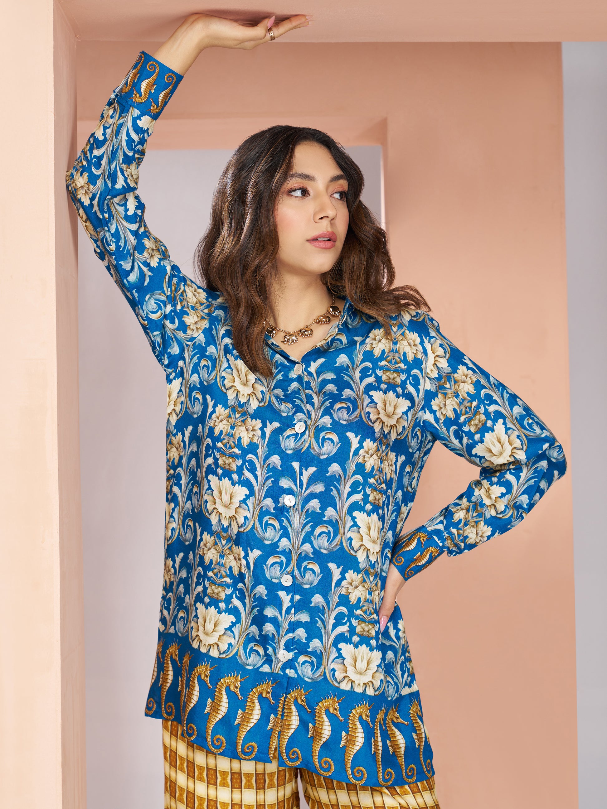 Awesome Royal Blue Printed Muslin Silk Casual Wear Co-Ord Set