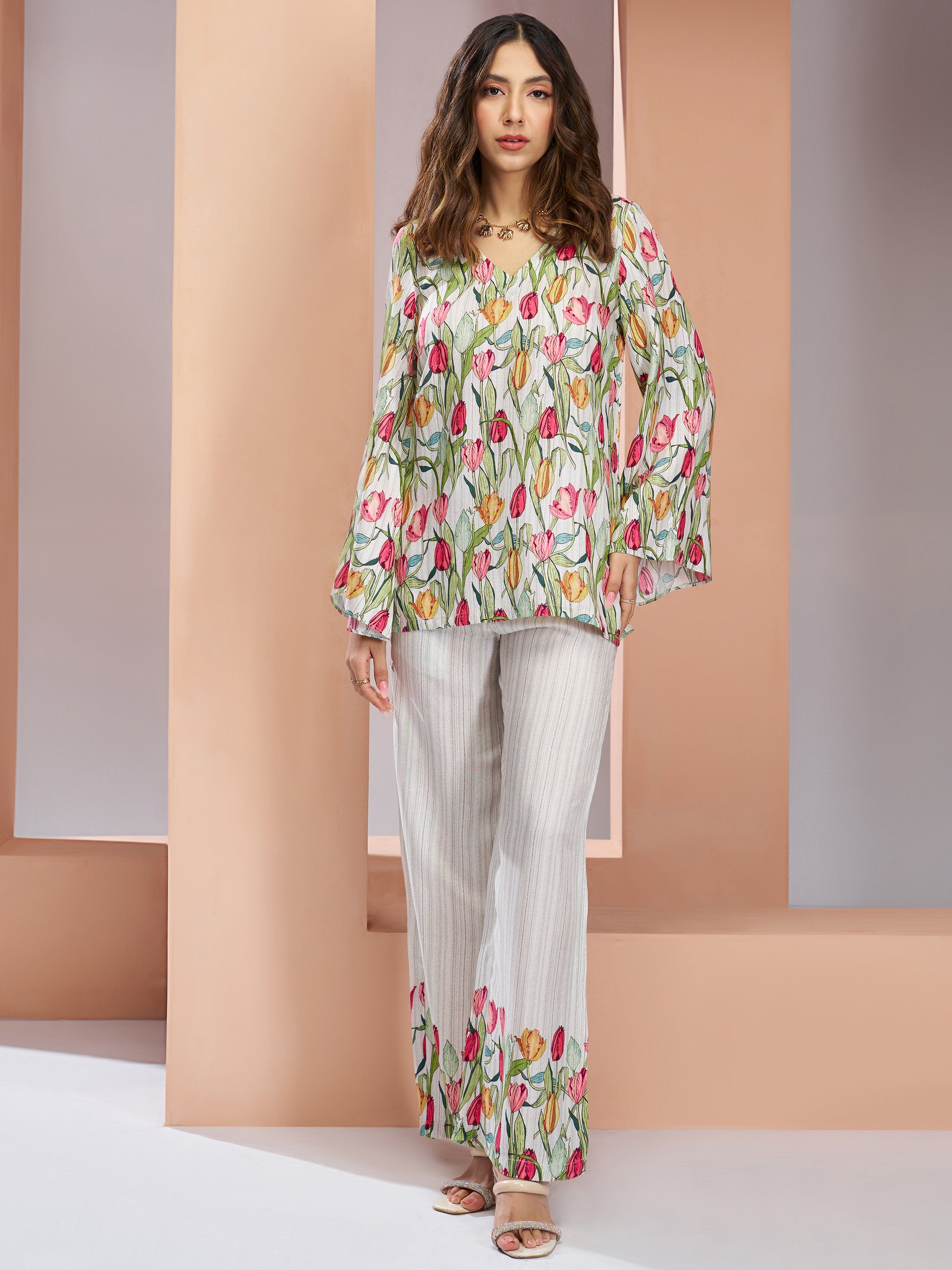 Stunning White Floral Printed Muslin Silk Office Wear Co-Ord Set
