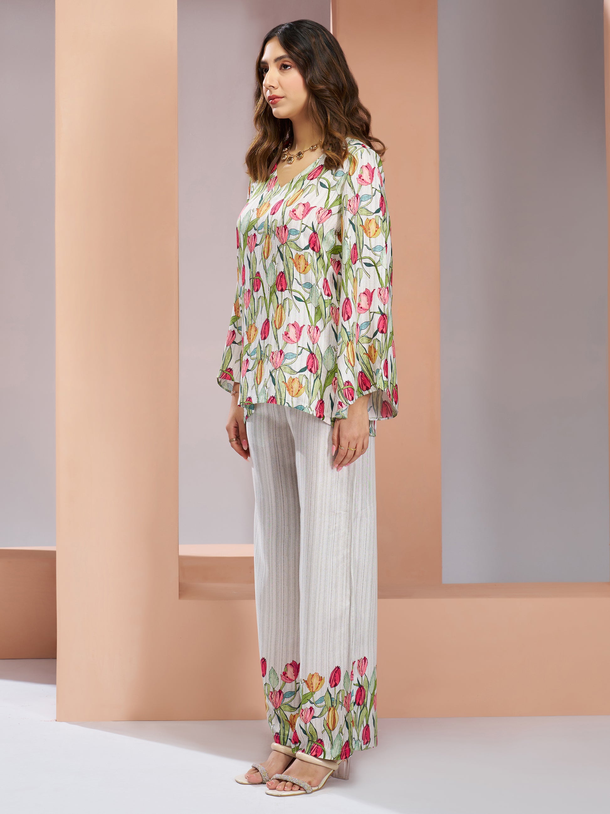 Stunning White Floral Printed Muslin Silk Office Wear Co-Ord Set