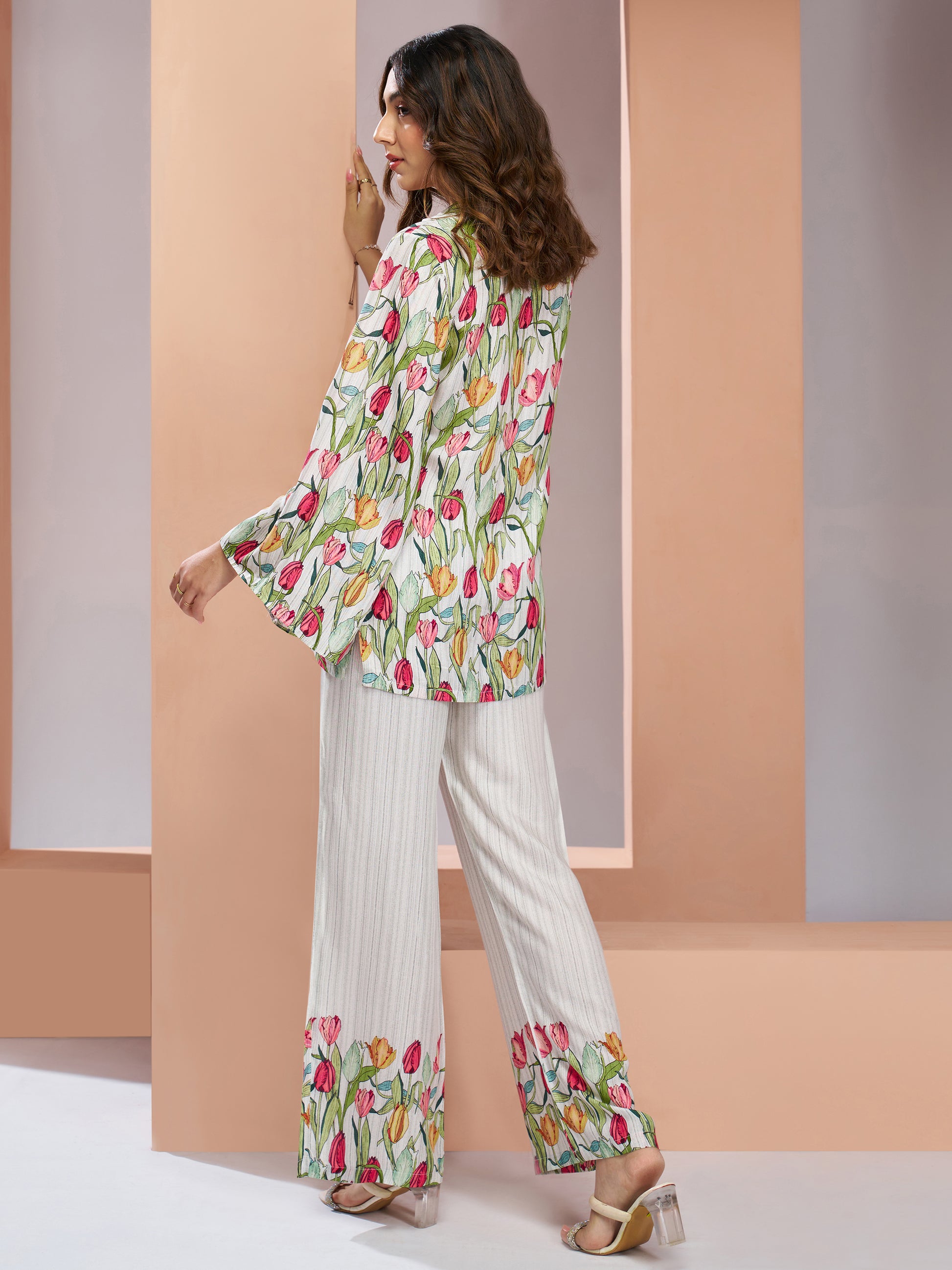 Stunning White Floral Printed Muslin Silk Office Wear Co-Ord Set