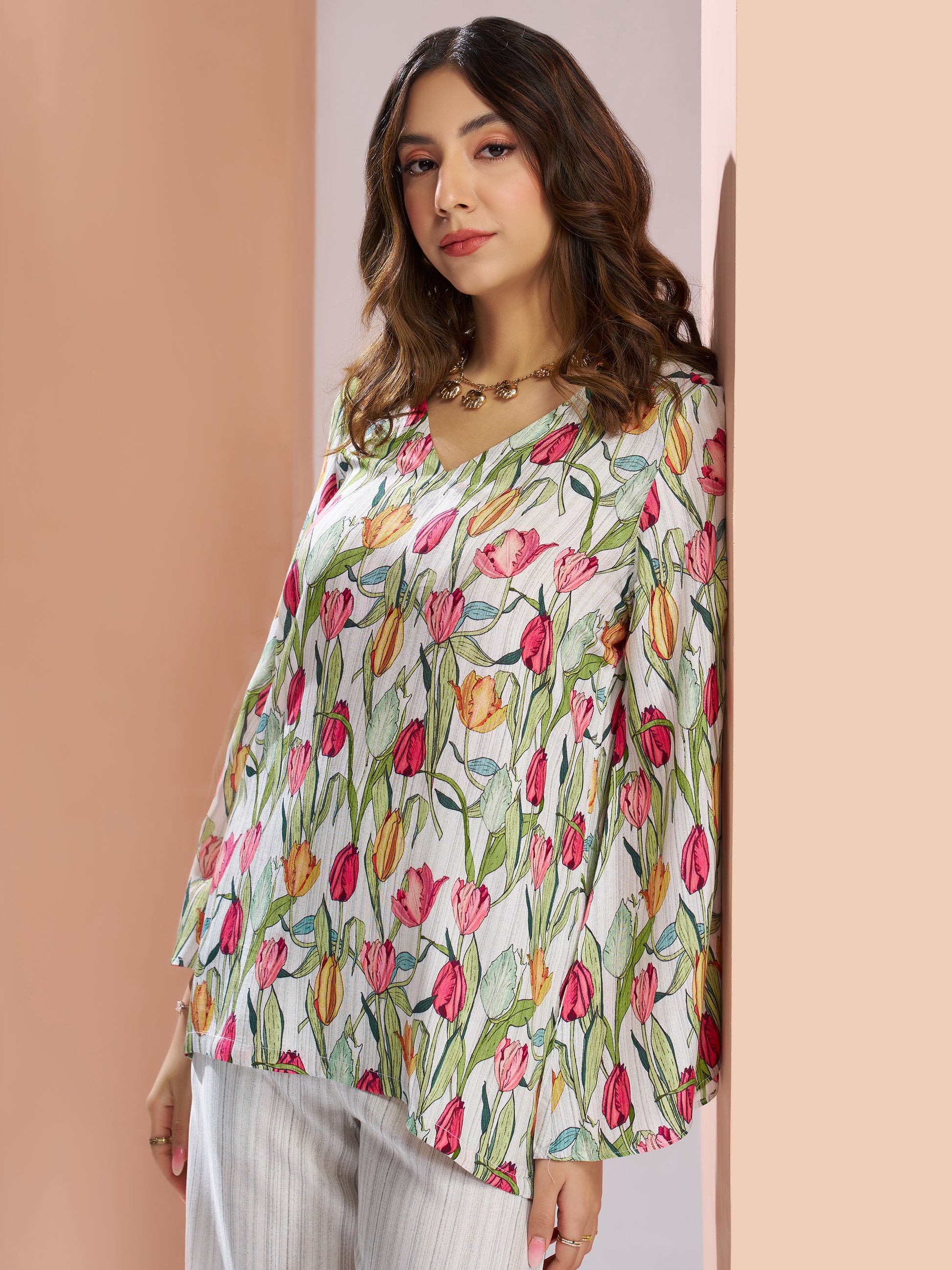 Stunning White Floral Printed Muslin Silk Office Wear Co-Ord Set