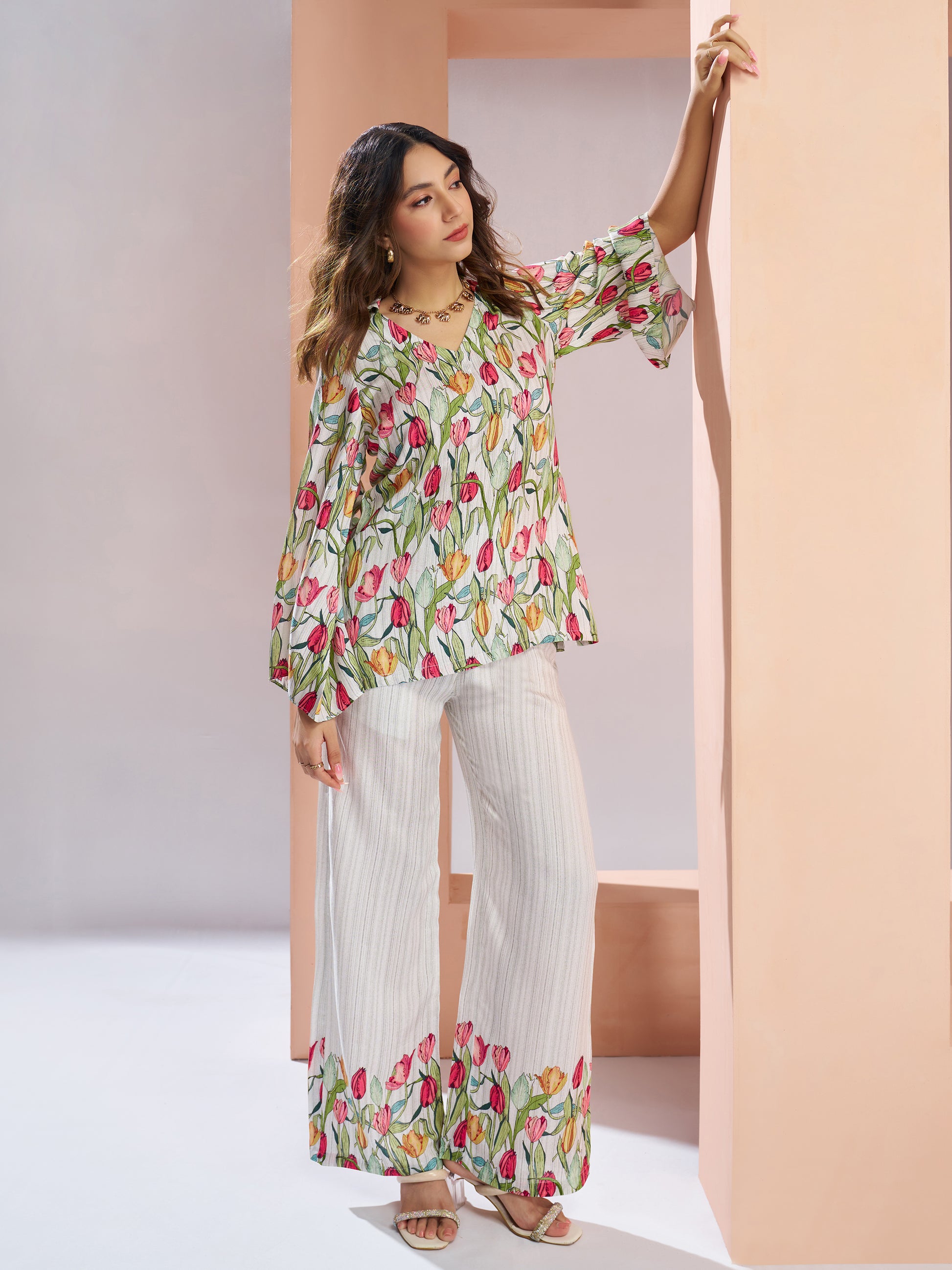 Stunning White Floral Printed Muslin Silk Office Wear Co-Ord Set