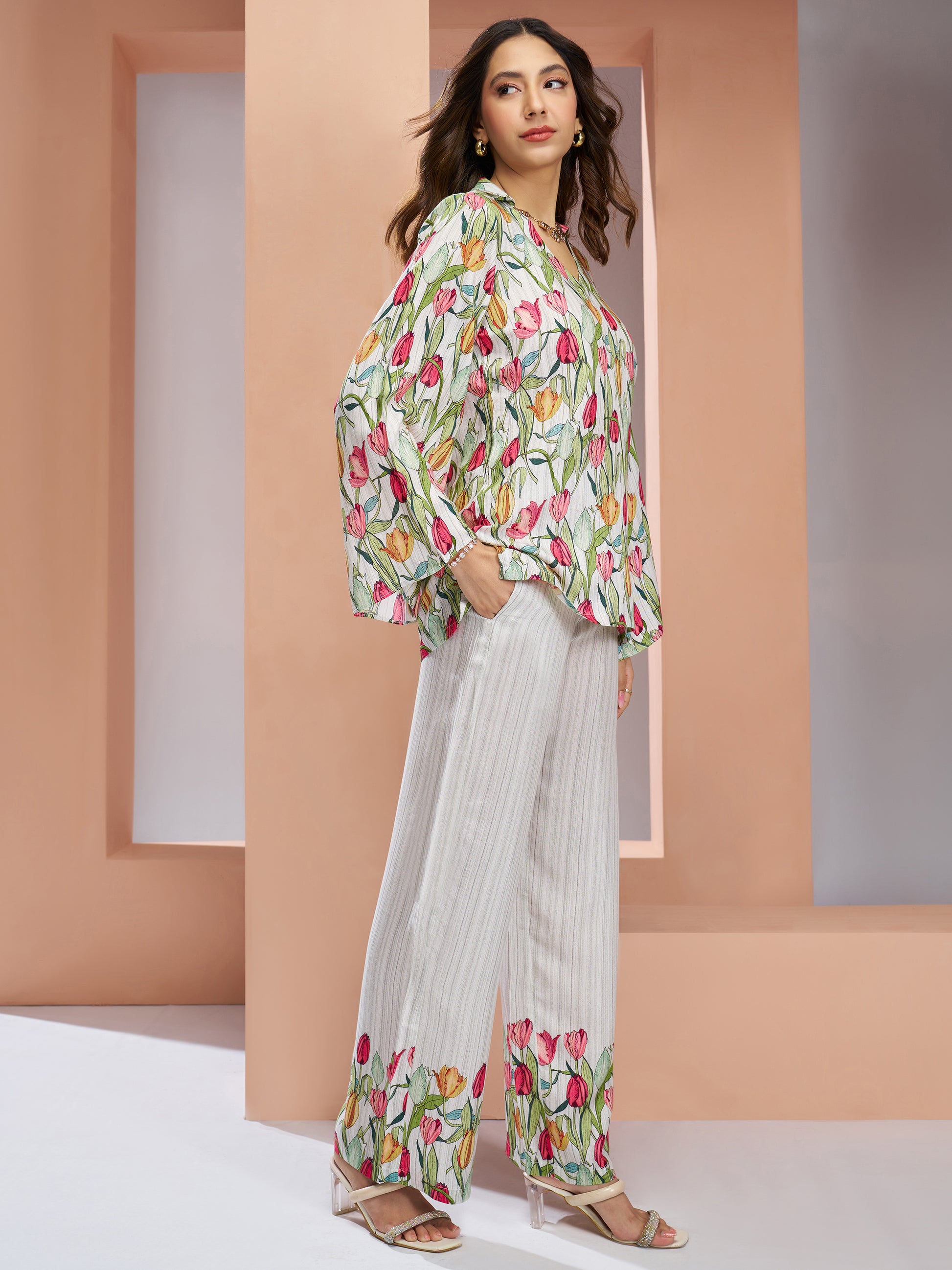 Stunning White Floral Printed Muslin Silk Office Wear Co-Ord Set