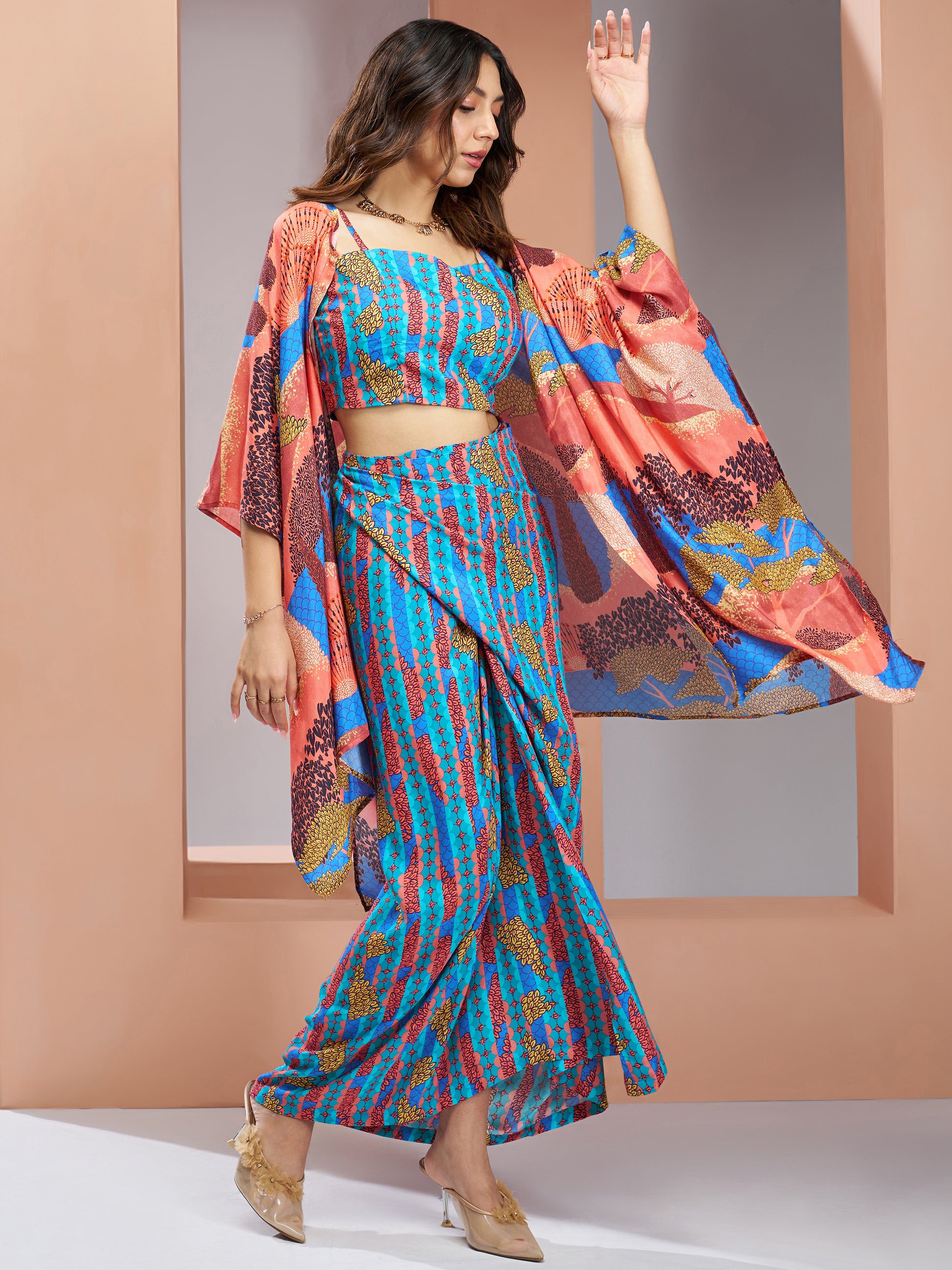 Gorgeous Blue Printed Muslin Silk Party Wear Co-Ord Set With Shrug