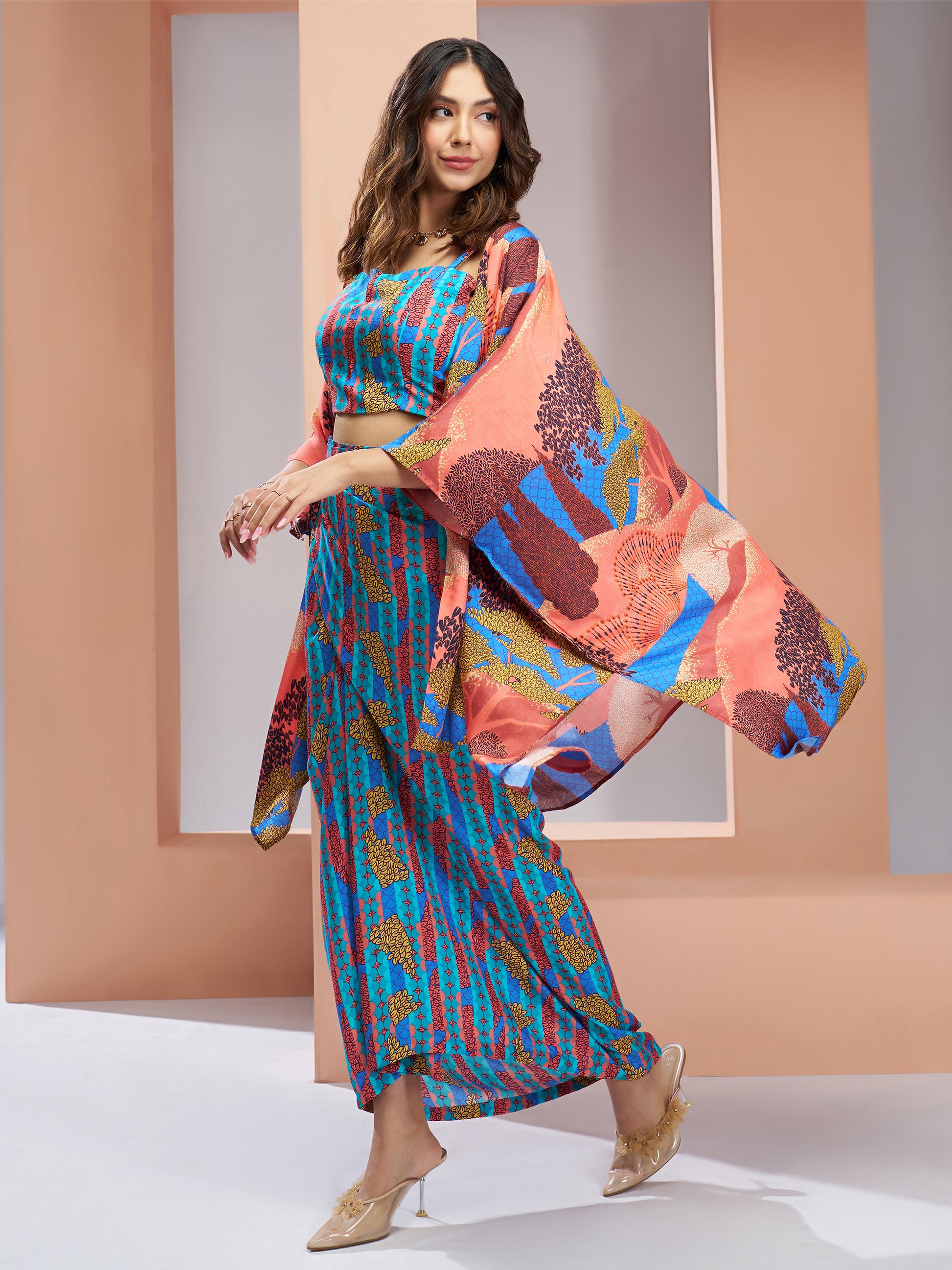 Gorgeous Blue Printed Muslin Silk Party Wear Co-Ord Set With Shrug