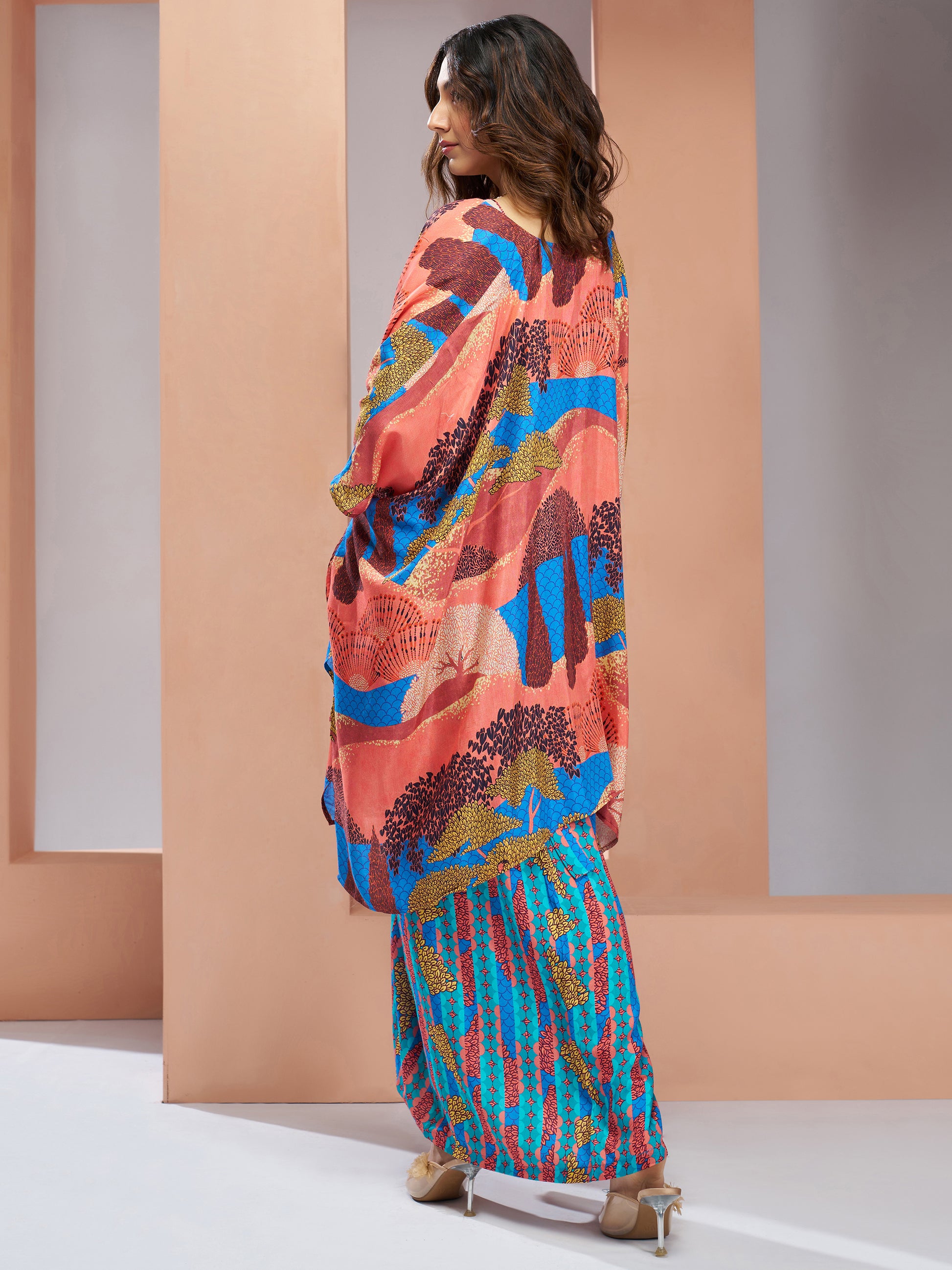 Gorgeous Blue Printed Muslin Silk Party Wear Co-Ord Set With Shrug