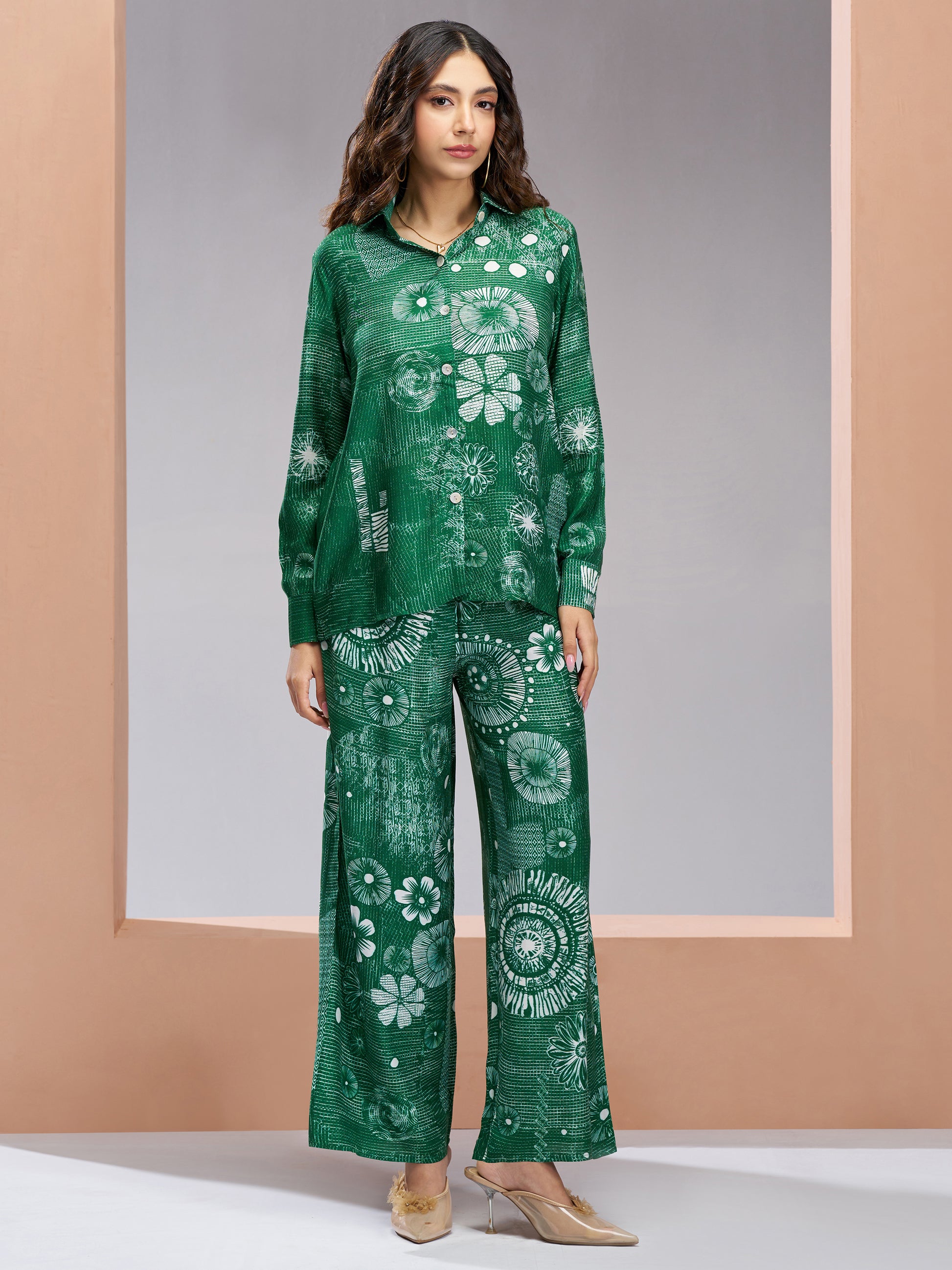 Marvelous Green Printed Muslin Silk Office Wear Co-Ord Set