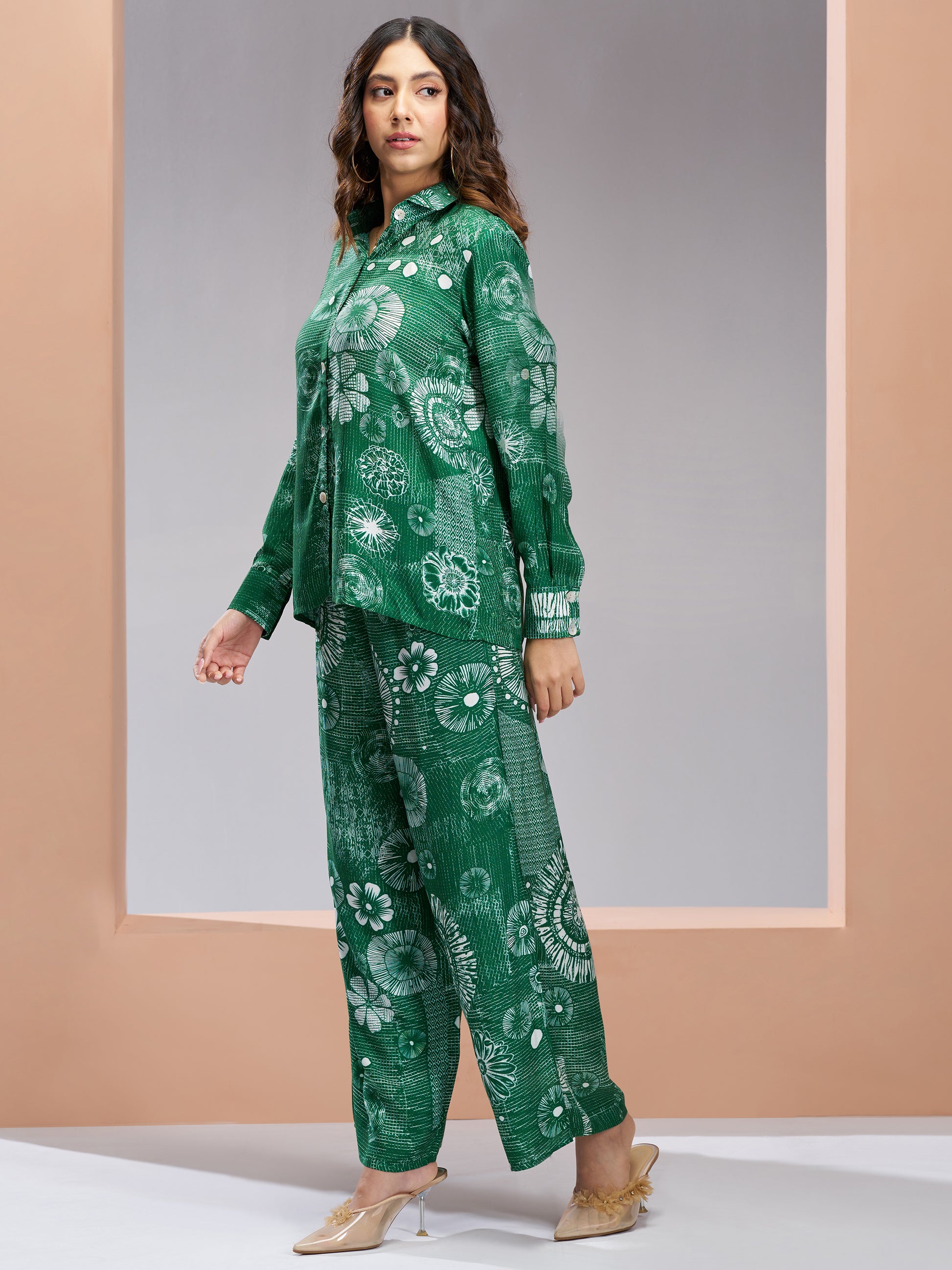 Marvelous Green Printed Muslin Silk Office Wear Co-Ord Set
